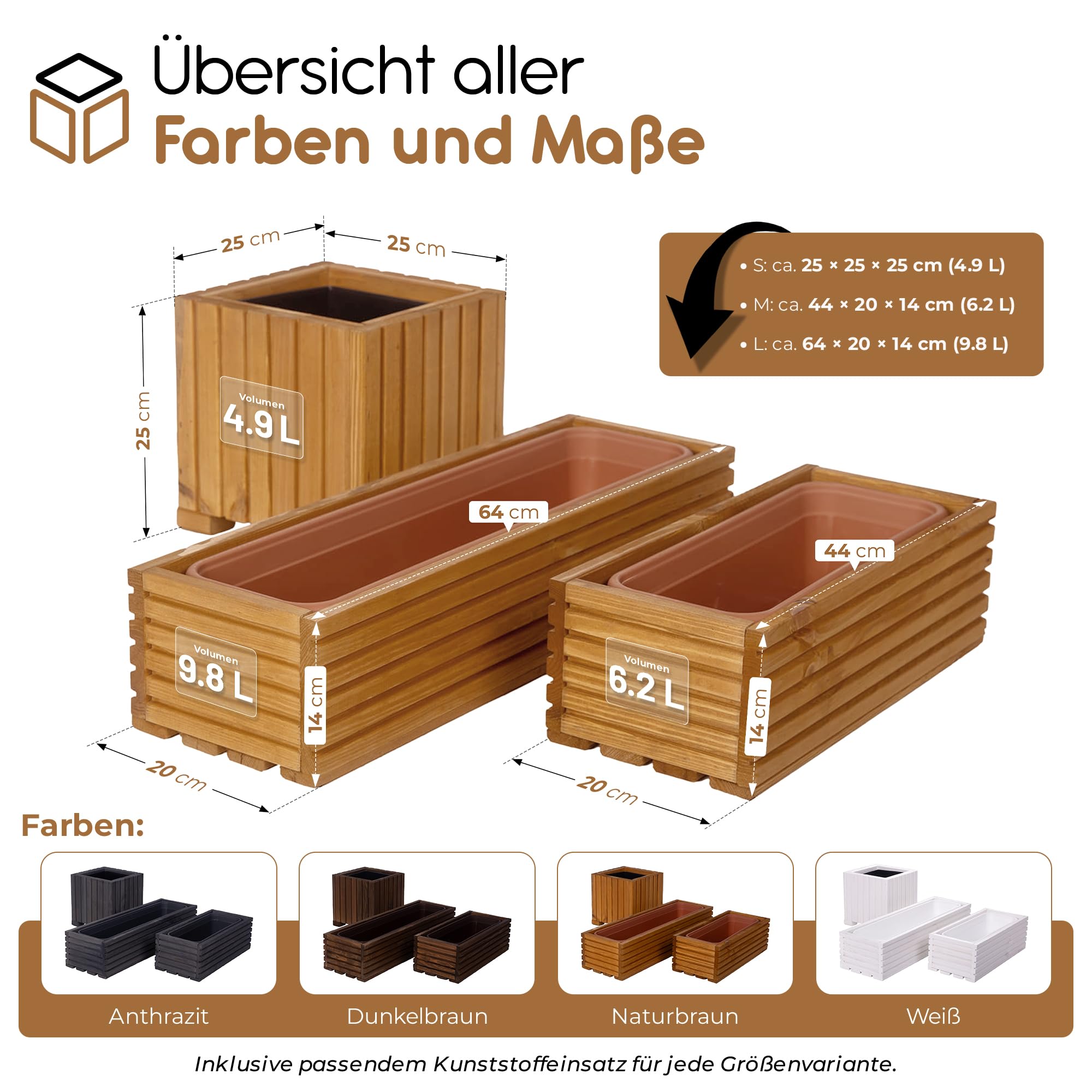 BooGardi Blumenkasten Holz mit Einsatz · Blumenkästen in 3 Größen & 4 Farben · 64x20x14cm Hellbraun · Pflanzkasten für Balkon & Terrasse · Pflanzkübel außen & innen · Blumentopf vormontiert