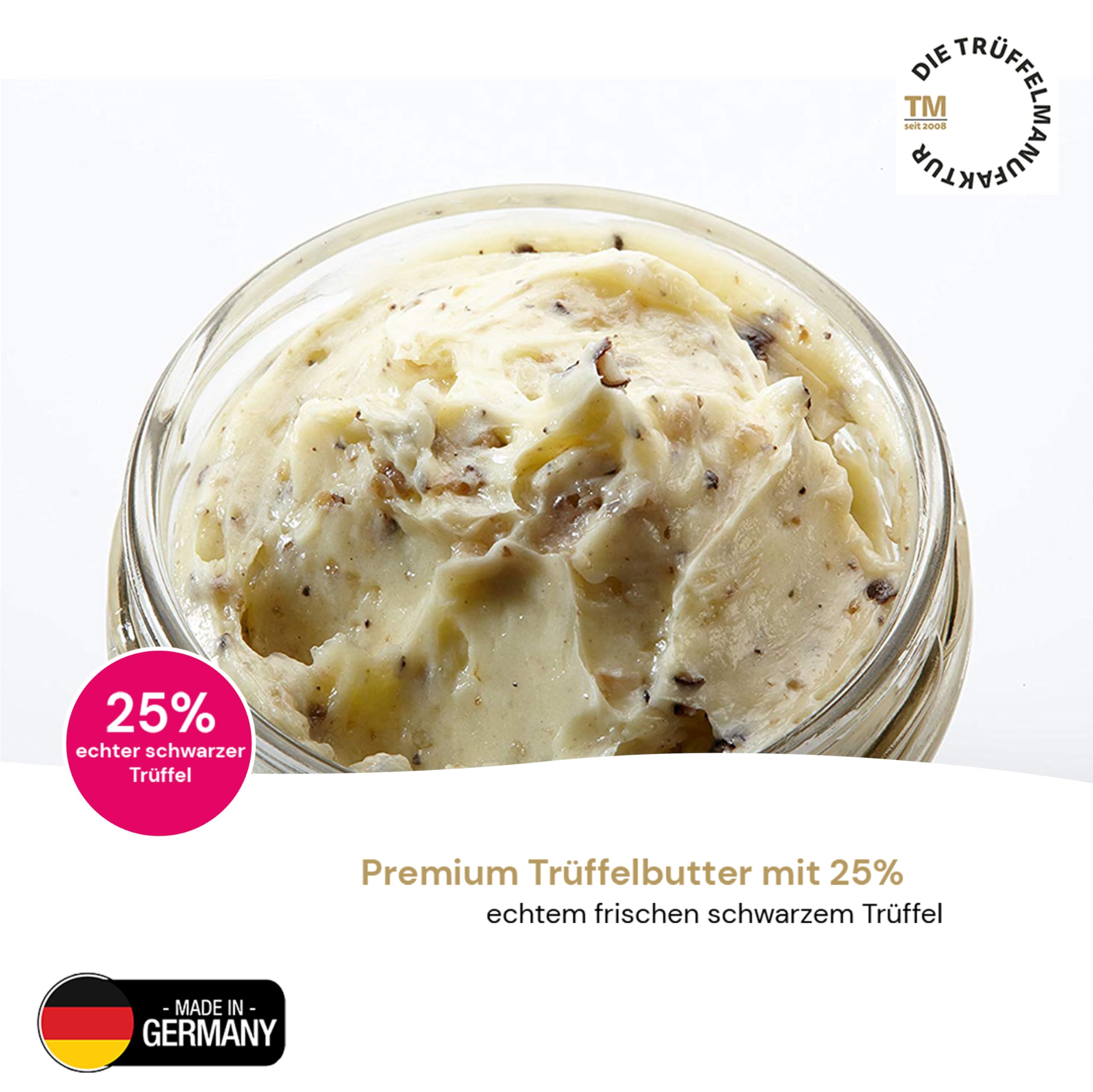 Die Trüffelmanufaktur - Feinkost Trüffelbutter Premium mit 25% Echtem Frischen Schwarzem Trüffel, Delikatesse für Feinschmecker, Weiße Butter im Glas á 95 g - Made in Germany