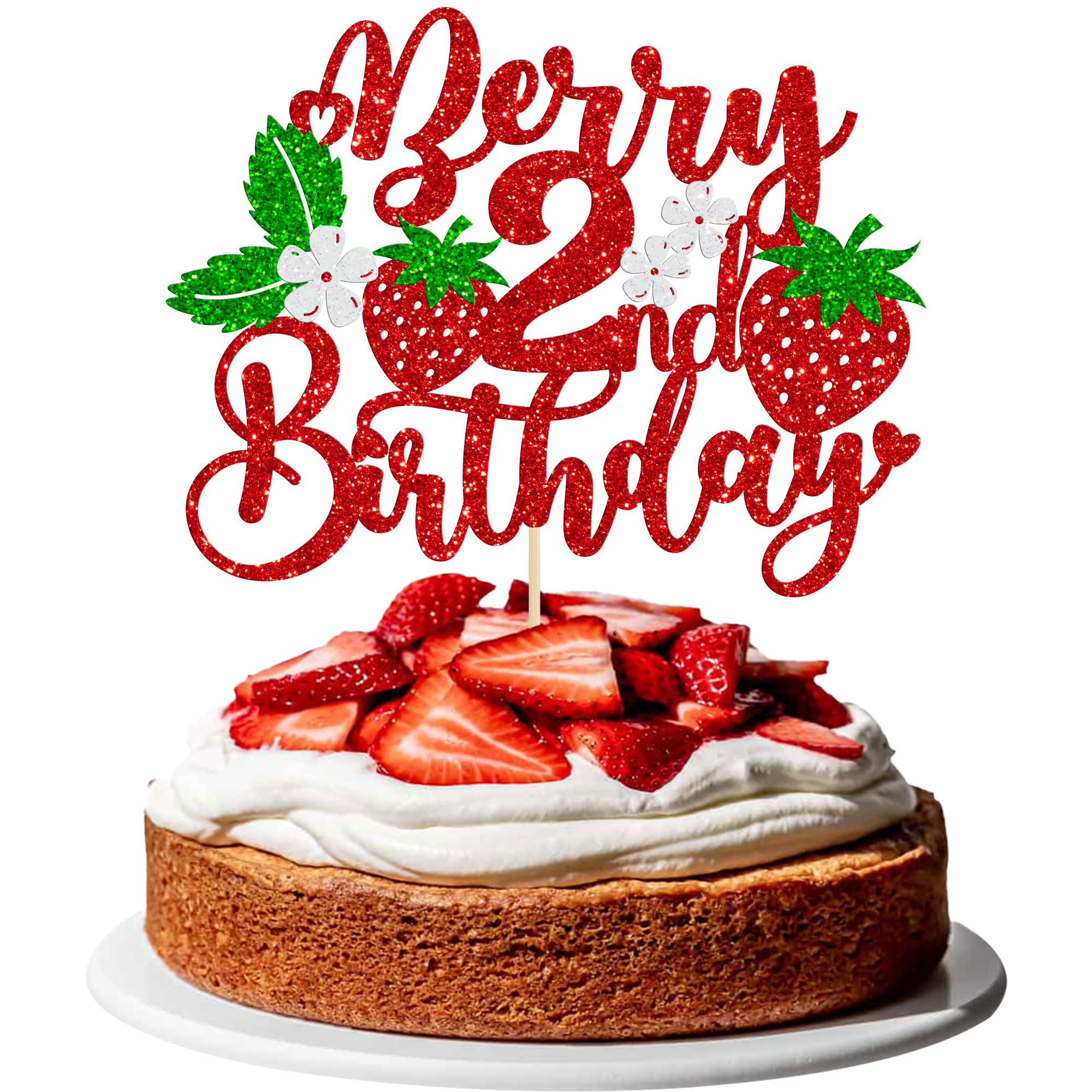 Gyufise 1Pc Strawberry Berry 2nd Birthday Cake Topper Glitter Second Birthday Flower Strawberry Cake Pick for Sweet Fruit Theme Baby Shower Kids 2nd Birthday Party Cake Decorations Supplies Red 2nd