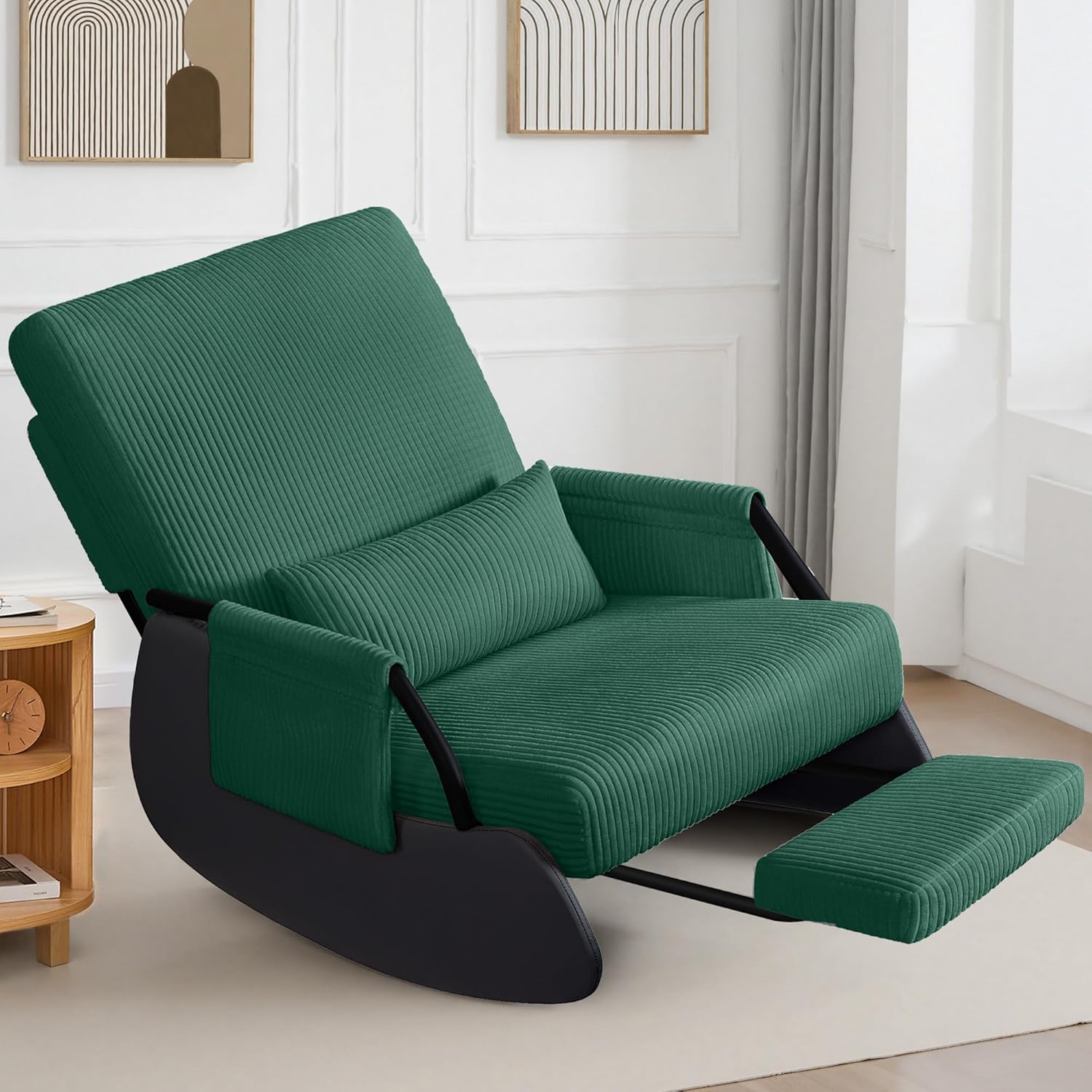 FelixKing Rocking Chair Nursery, Low-Seat Glider Chair, Upholstered Rocking Chair with Side Pocket and Foot Rest, Comfortable Modern Accent Armchair Recliner for Mom Nursery Living Room Bedroom Green