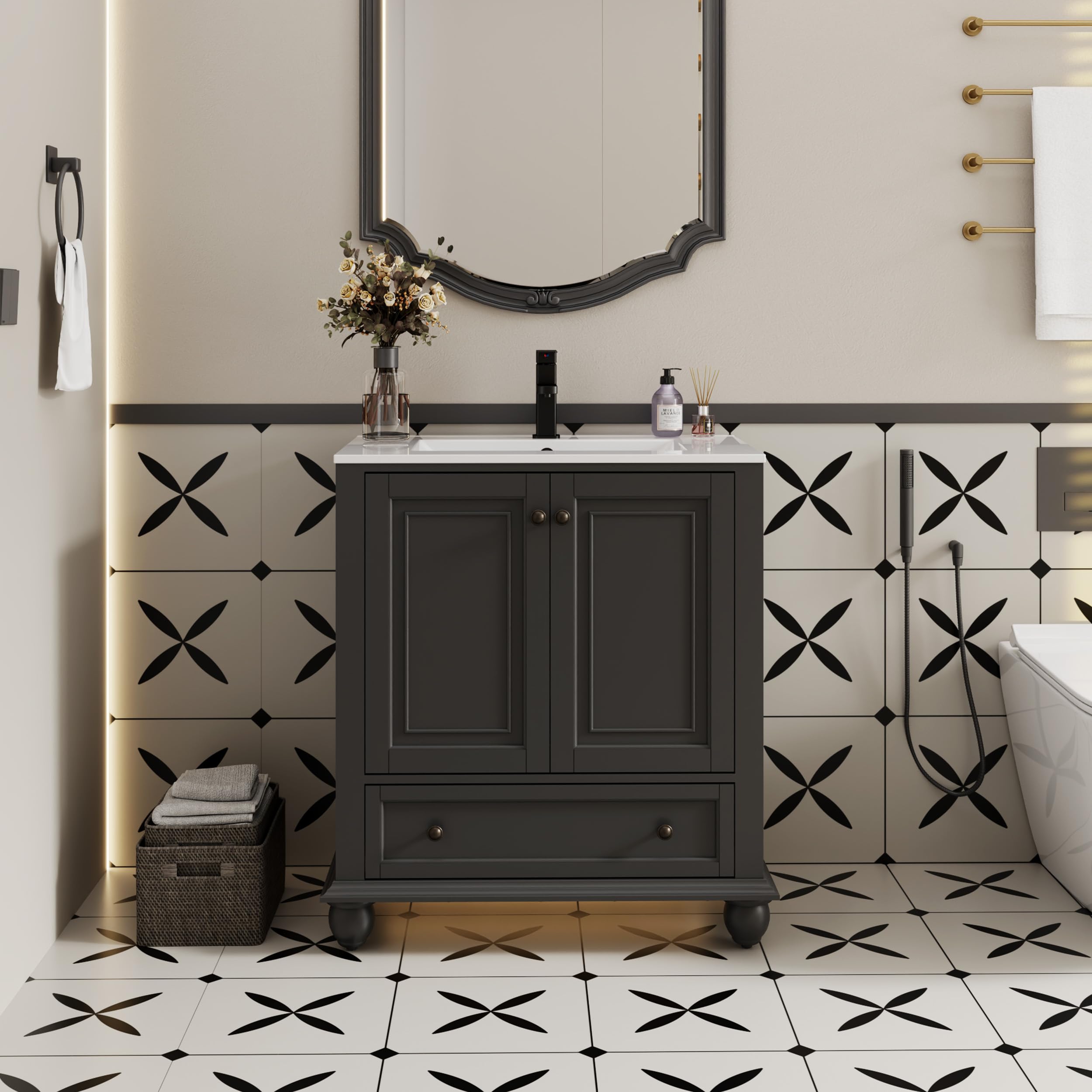 LUCKWIND 30" Bathroom Vanity and Sink Combo, Retro Style Painted Bathroom Cabinet with Large Sink, Matte Faucet and Drain, Mirror is not Included,