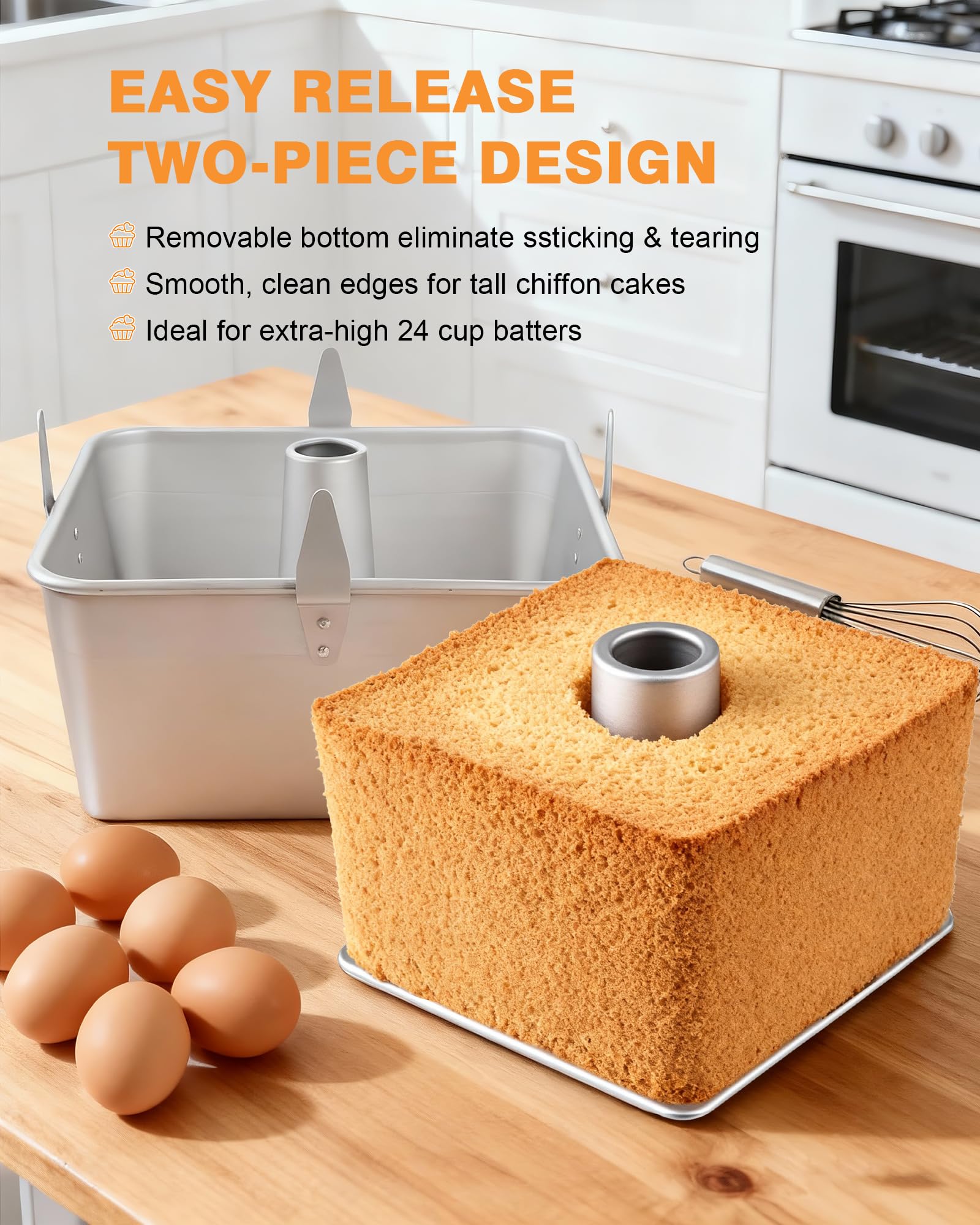 Roicaholy Quadratische Engel-Kuchenform mit abnehmbarem Boden, 24,1 cm Aluminium-Legierung mit Kühlfüßen, Kapazität für 24 Tassen für Chiffon- und Biskuitkuchen