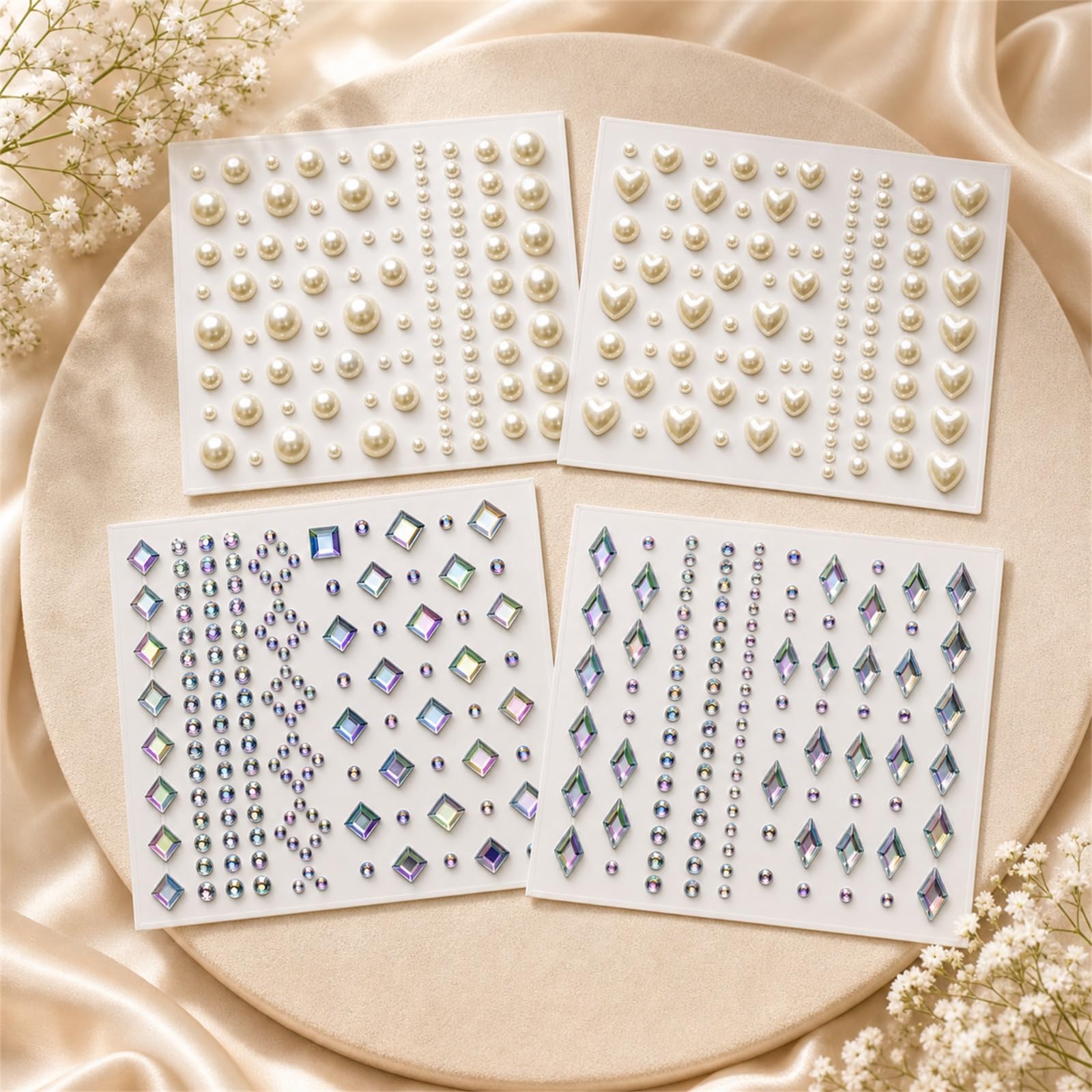 Self Adhesive Pearl & Crystal Face Gems Stickers Set of 4 Sheets | Hair Rhinestone Eye Makeup Gems Nail Art Stickers Festival Makeup Decor DIY Craft Rhinestones for Women & Girls-picture-44