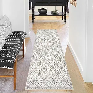 KILOCOCO 2x5 Runner Rug, Moroccan Super Soft Washable Hallway Entryway Runner Rug, Accent Print Faux Wool Kitchen Runner Rug 5 Feet Non-Slip Runners Boho Rug Runners for Bedroom, Cream Beige Grey