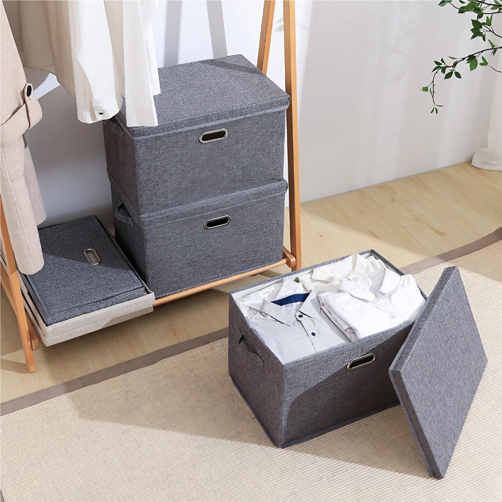 Cajas de Almacenamientos con Tapas, Organizador de Armario Plegable Apilable de Tela/Green/50 * 35 * 31Cm