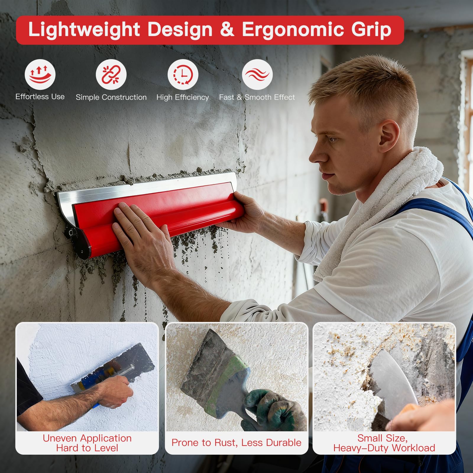 Kit de spatules de surface (250/400/600 mm) et tige télescopique de 0,97 m à 1,82 m avec adaptateur, kit de spatule de lissage multifonction pour grand espace de travail, décoration murale (Rouge) - 3