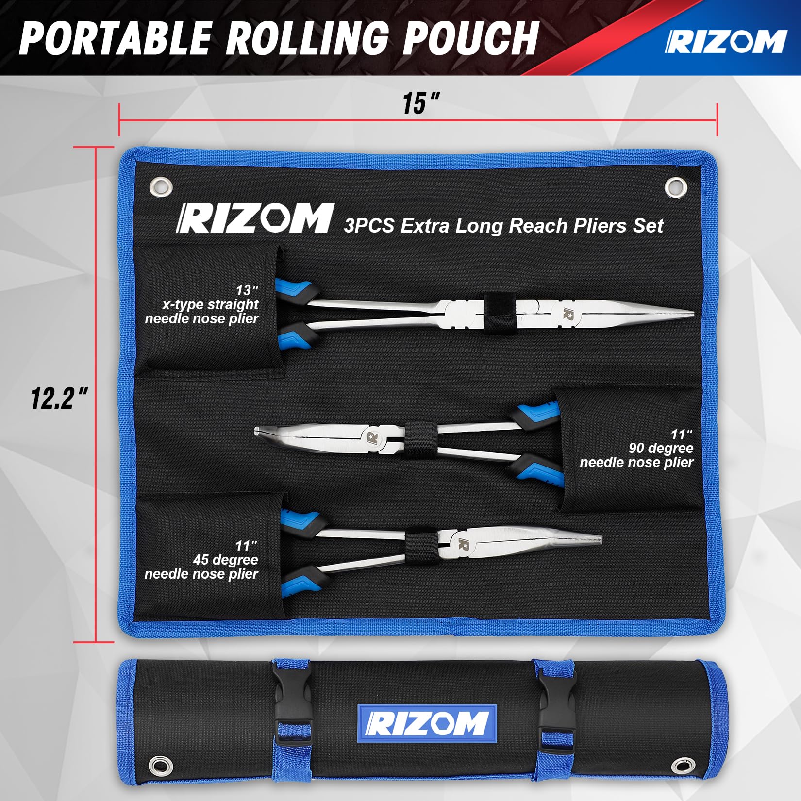 Rizom Set di 3 pinze a lunga portata, pinze a becco lungo a doppio snodo, 33 cm, pinze a becchi piegati a 45° e 90° per spazi stretti e aree limitate