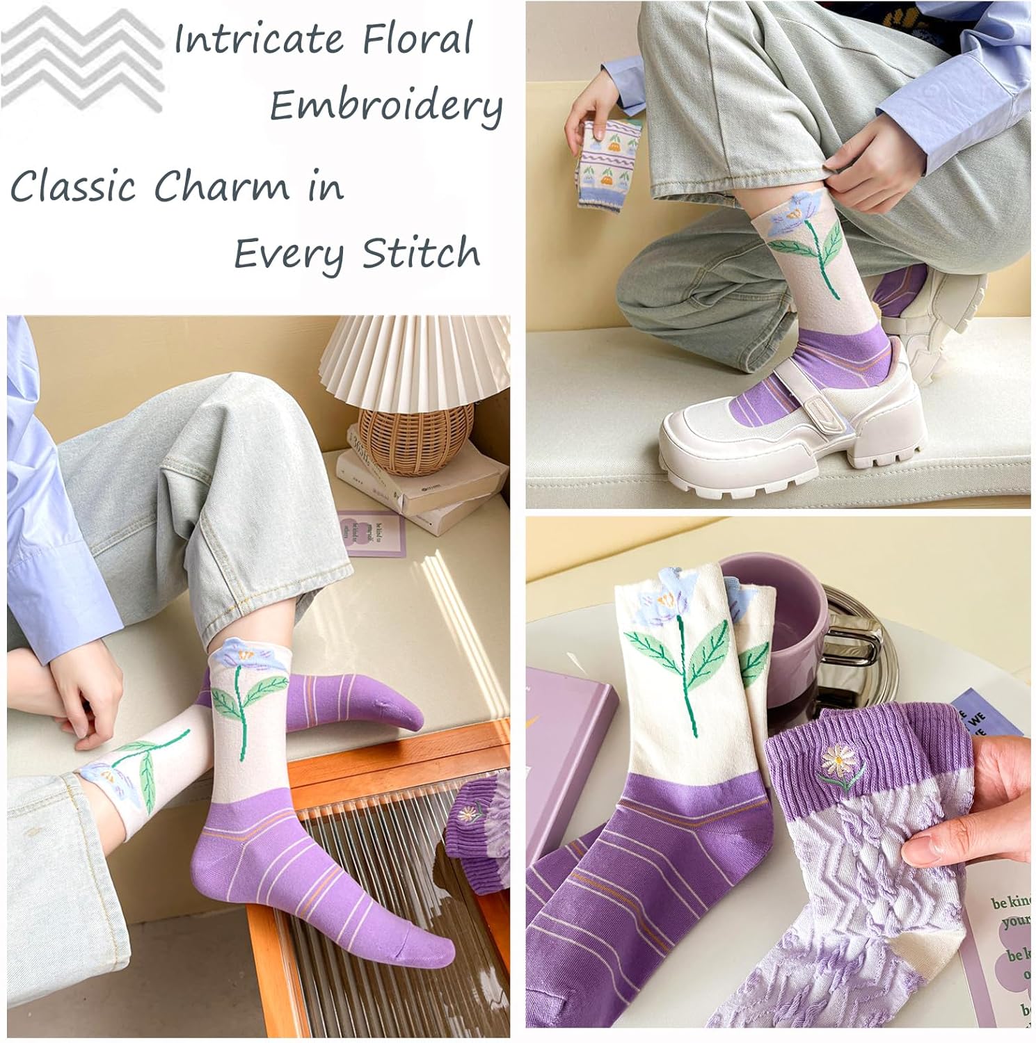5 Pairs Womens Floral Cotton Crew Socks, Cute Vintage Cottagecore, Teens & Girls Breathable Cozy Casual Socks - Image 4
