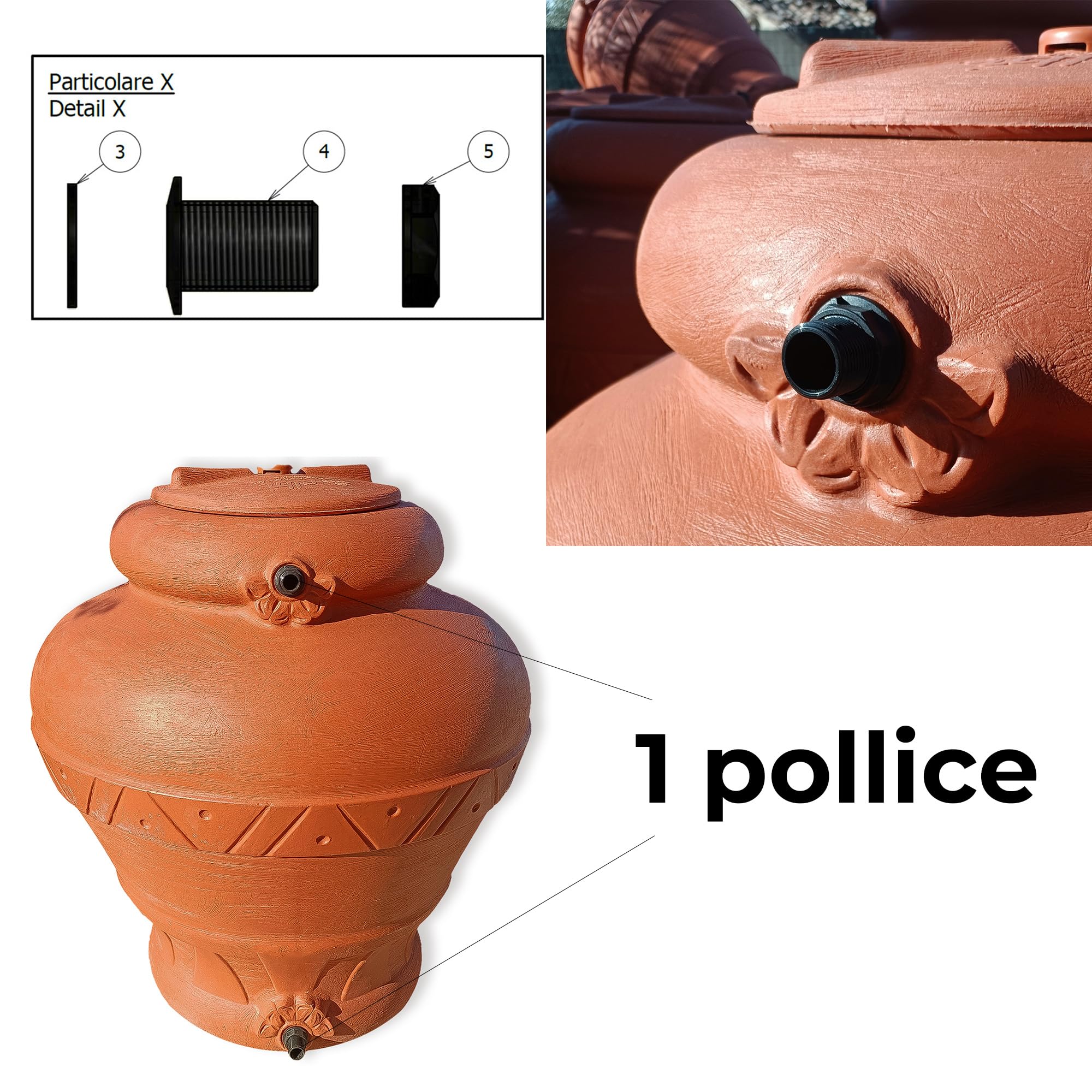 ESTO Serbatoio Acqua Elegante con Predisposizione Rubinetto 300 o 500 Litri, Cisterna Design Terracotta, Vaso Antico, Anfora, in Plastica Acqua Piovana 1000 LT/POMPA+PRESS CONTROL