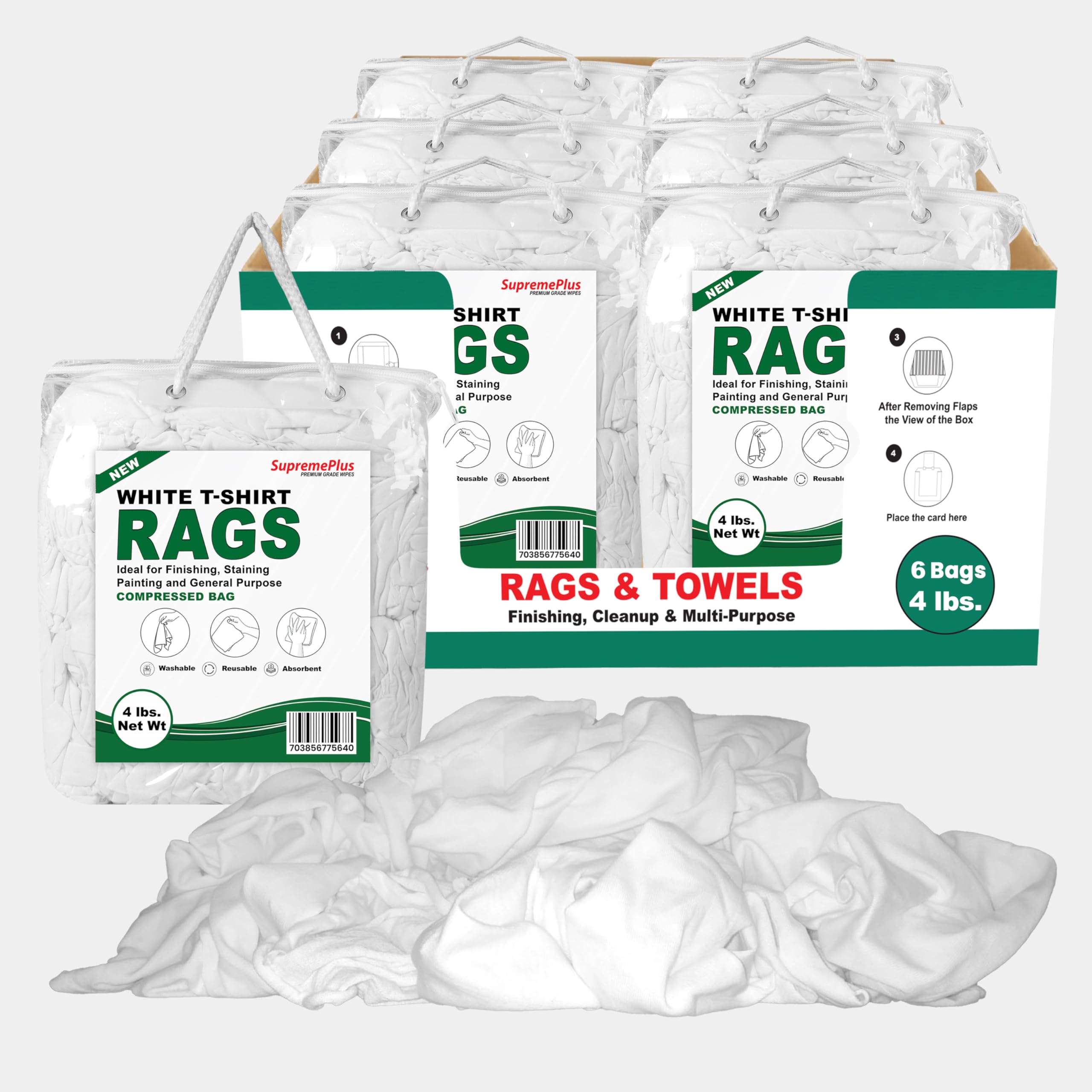 SupremePlus Premium White T-Shirt Cleaning Rags (4 lbs. Bag - Pack of 6) – White Cotton Rags for Cleaning, Staining, Painting, Oil, Grease & Dust