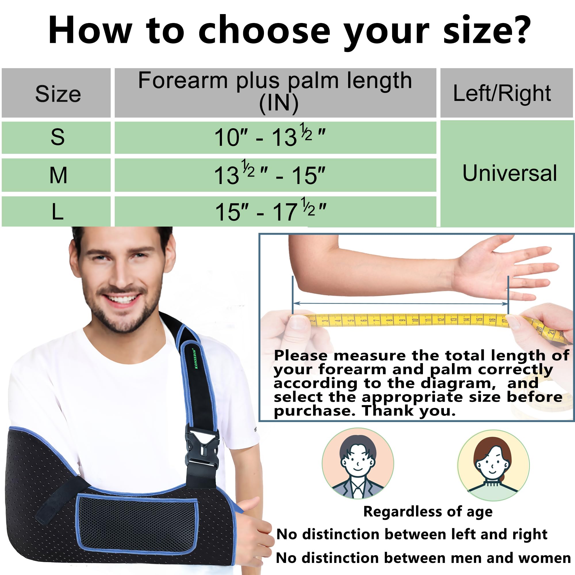 KONSEDIK Soporte de hombro para brazo, transpirable, acolchado con bolsillo y bucle para el pulgar, se adapta al brazo izquierdo y derecho, para puños rotadores, codo, muñeca y lesiones de clavícula