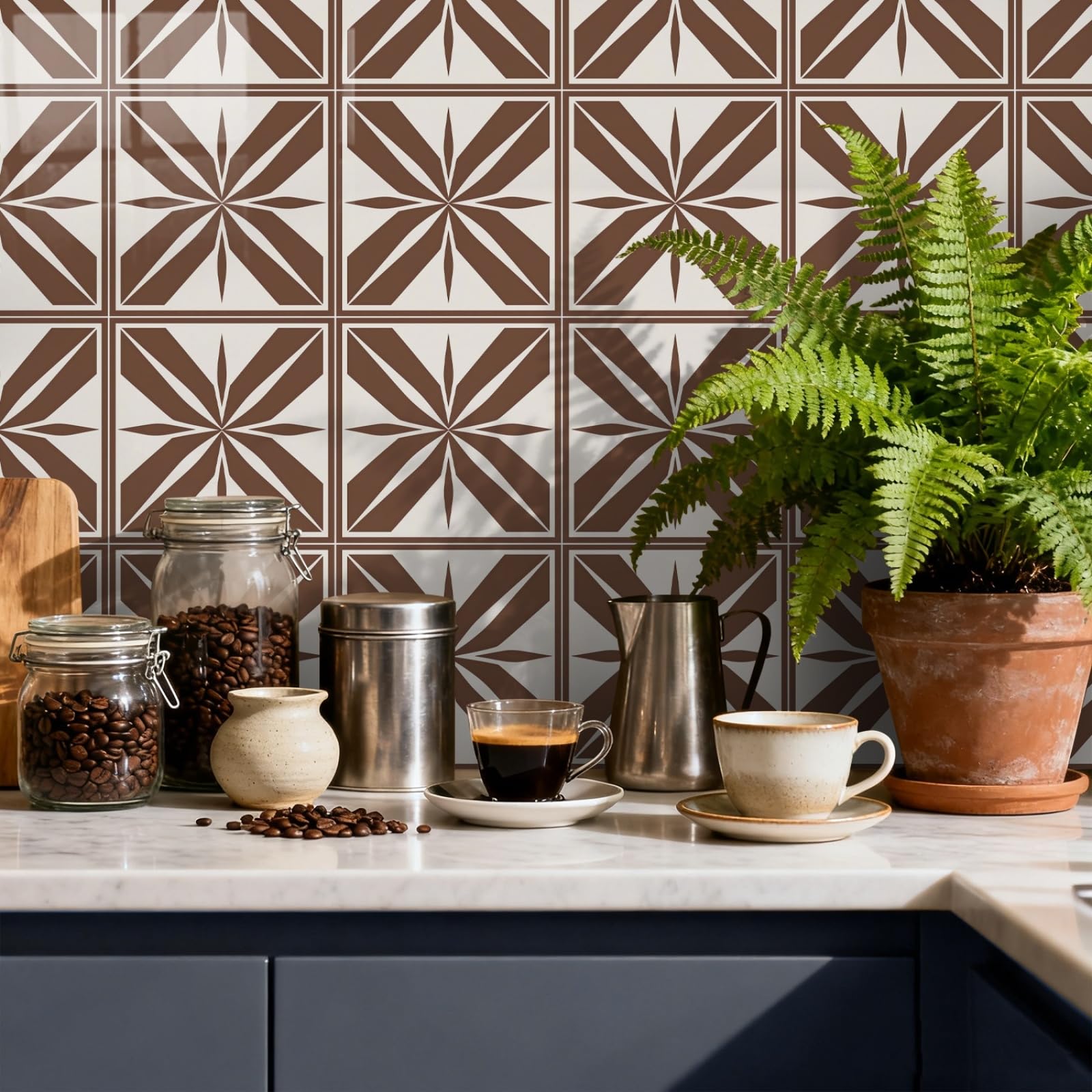 Peel and Stick Wall Tiles Brown Geometric Beige Tiles Self Adhesive PVC Home Decor Backsplash Kitchen Tile Stickers Waterproof Tile Stickers for Bathroom 20x20cm /24 Pcs
