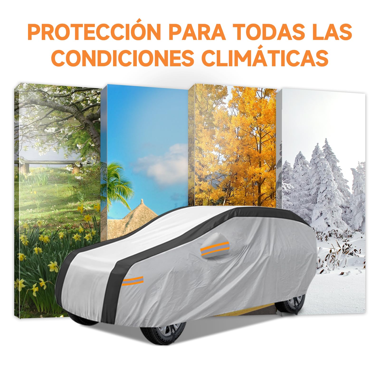NEVERLAND Funda Coche SUV XL Impermeabile 2500PA - Cubierta Exterior 210D Oxford Plata Reflectante Solar Negro Antigranizo con Tiras Naranjas Alta Visibilidad para BMW X5 Mercedes GLE, Audi Q7|510cm