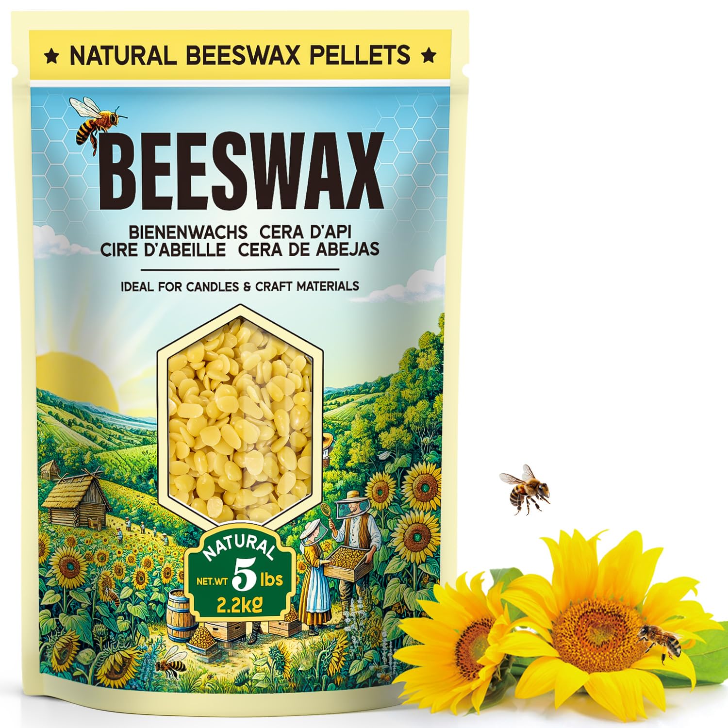 Cire d'abeille jaune 2.2KG - Pastilles de cire d'abeille naturelle pour la fabrication de bougies et projets DIY. Idéale pour des projets de bougies artisanales
