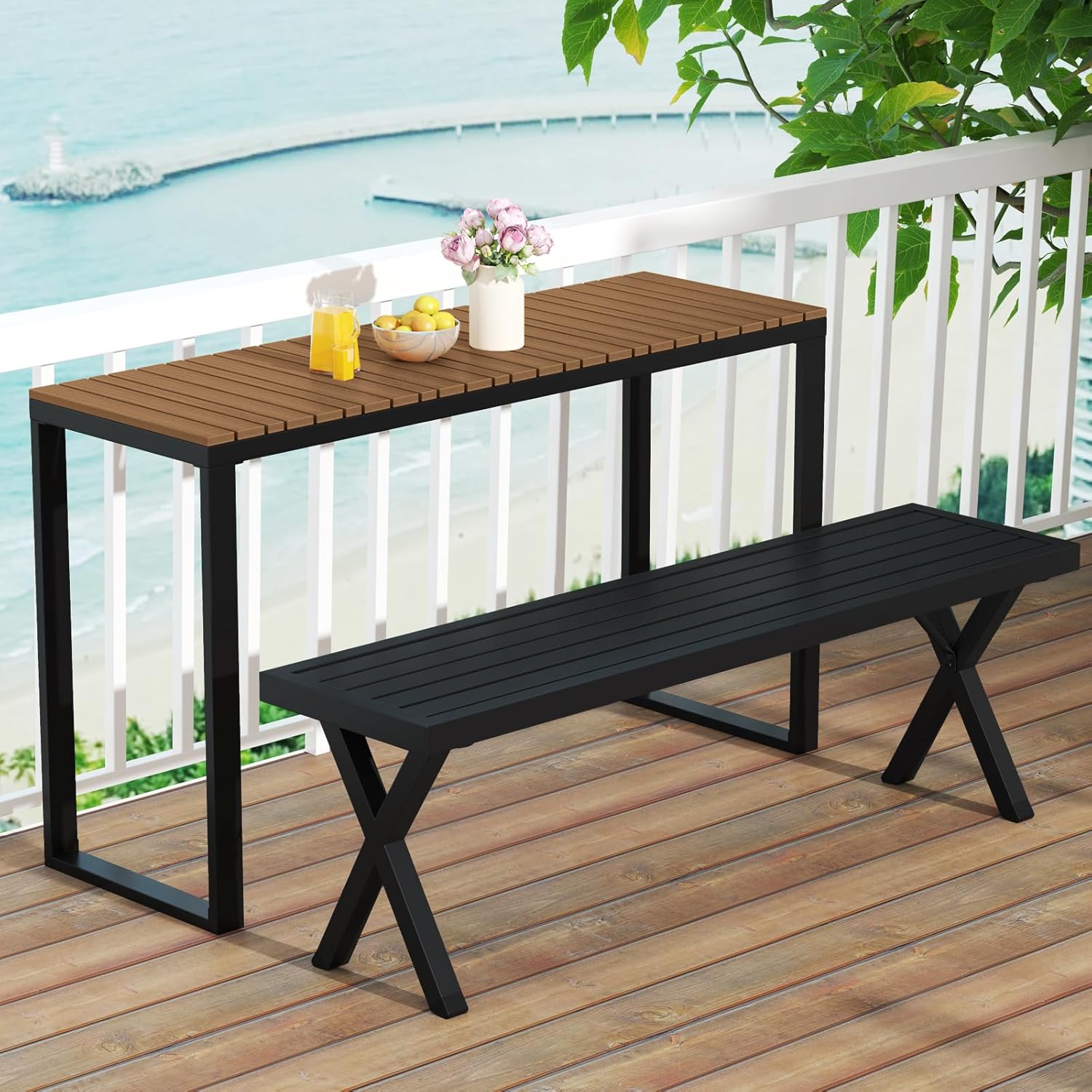 HAPPYGRILL Outdoor Rectangle Console Table with Metal Frame & Foot Pads, for 4-6 People, Patio Bar Dining Table for Backyard, Porch, Deck