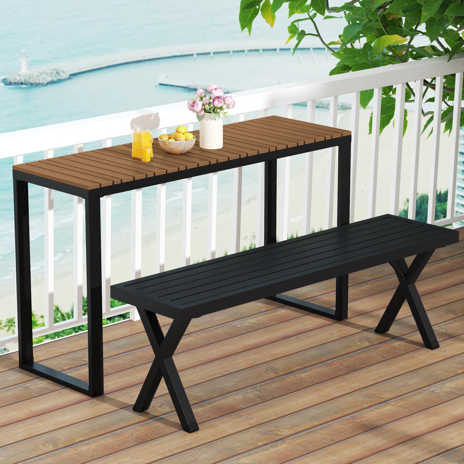 GOPLUS Table Bar Exterieur, Table Haut Extérieur, Console Jardin Exterieur Structure Résistante en Métal, Plateau à Lattes Empêchant l'Accumulation d'eau, Cour et Terrasse, Charge 60KG, 129x42x75CM