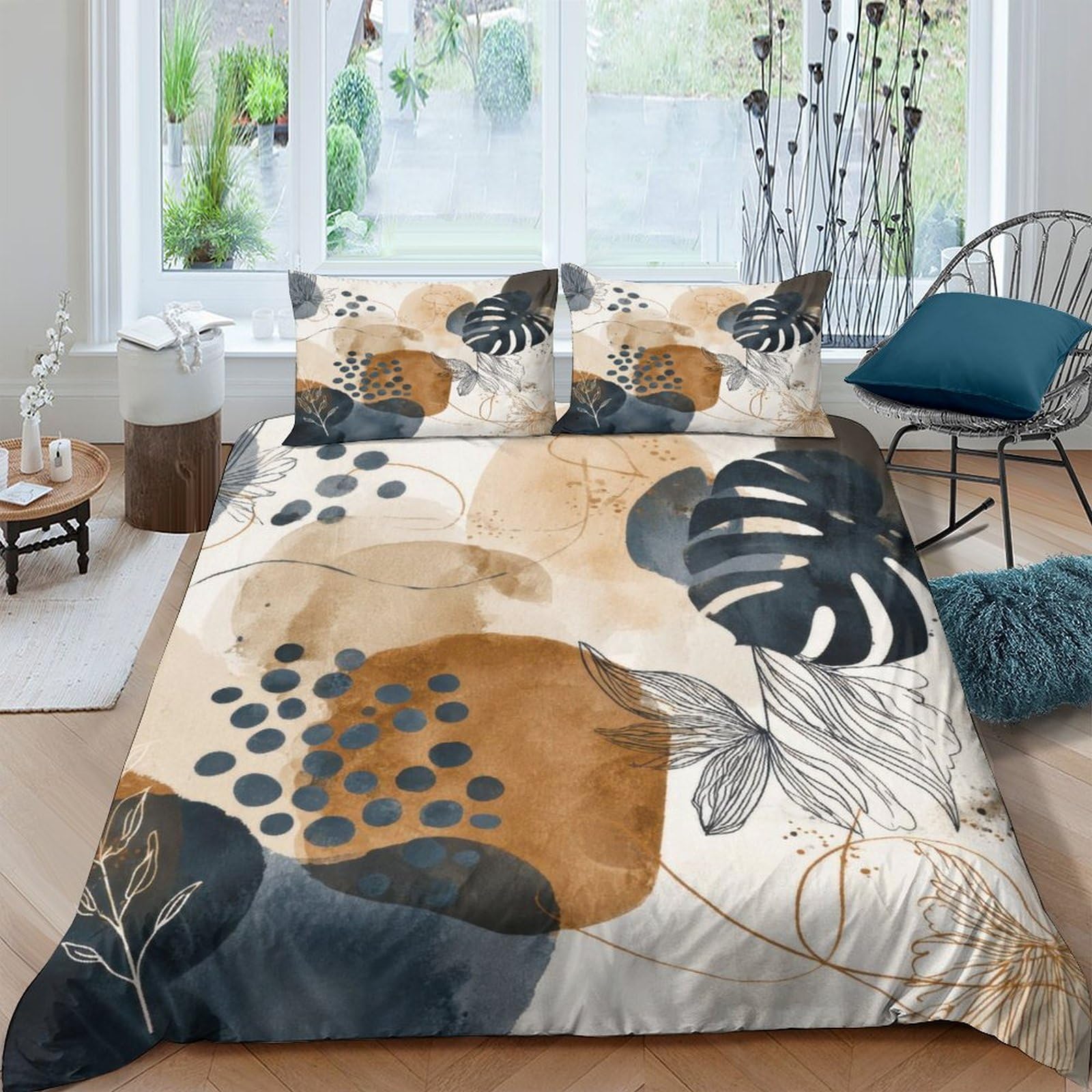 Ctjqhvkz Style-8 3D Printed Abstract Botanical Fitted Sheet Microfiber Soft Beige Navy Leaf Bed Cover For Bedroom Guest Room Dorm Mattress Decor Single（135X200cm）