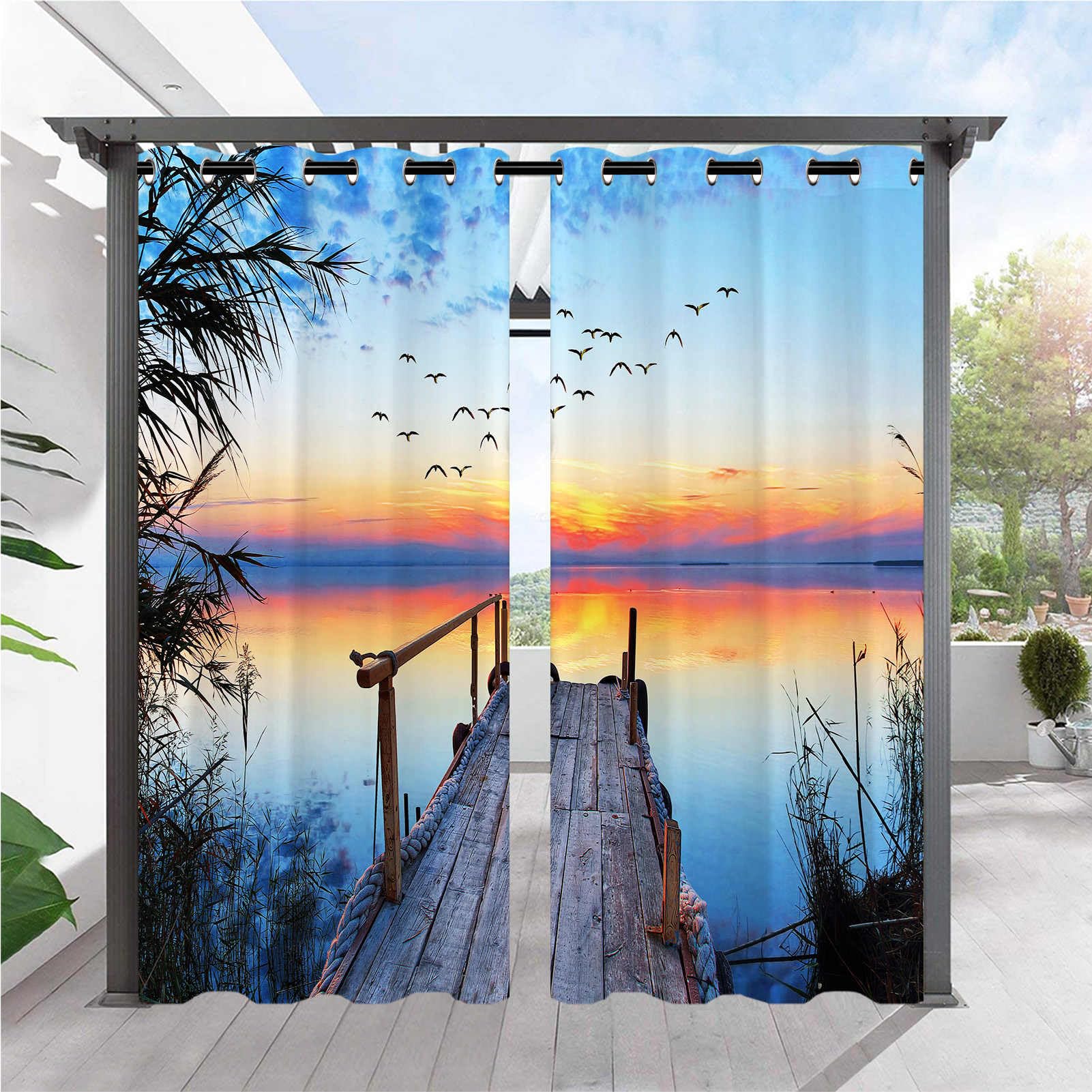 ANHOPE Outdoor Curtains Waterproof Eyelet Ring Top Drapes Nature Scenery Sunset Lake Print Pattern Privacy Outside Curtains for Garden Patio Gazebo Pergola 2 Panels W 52" x L 108"