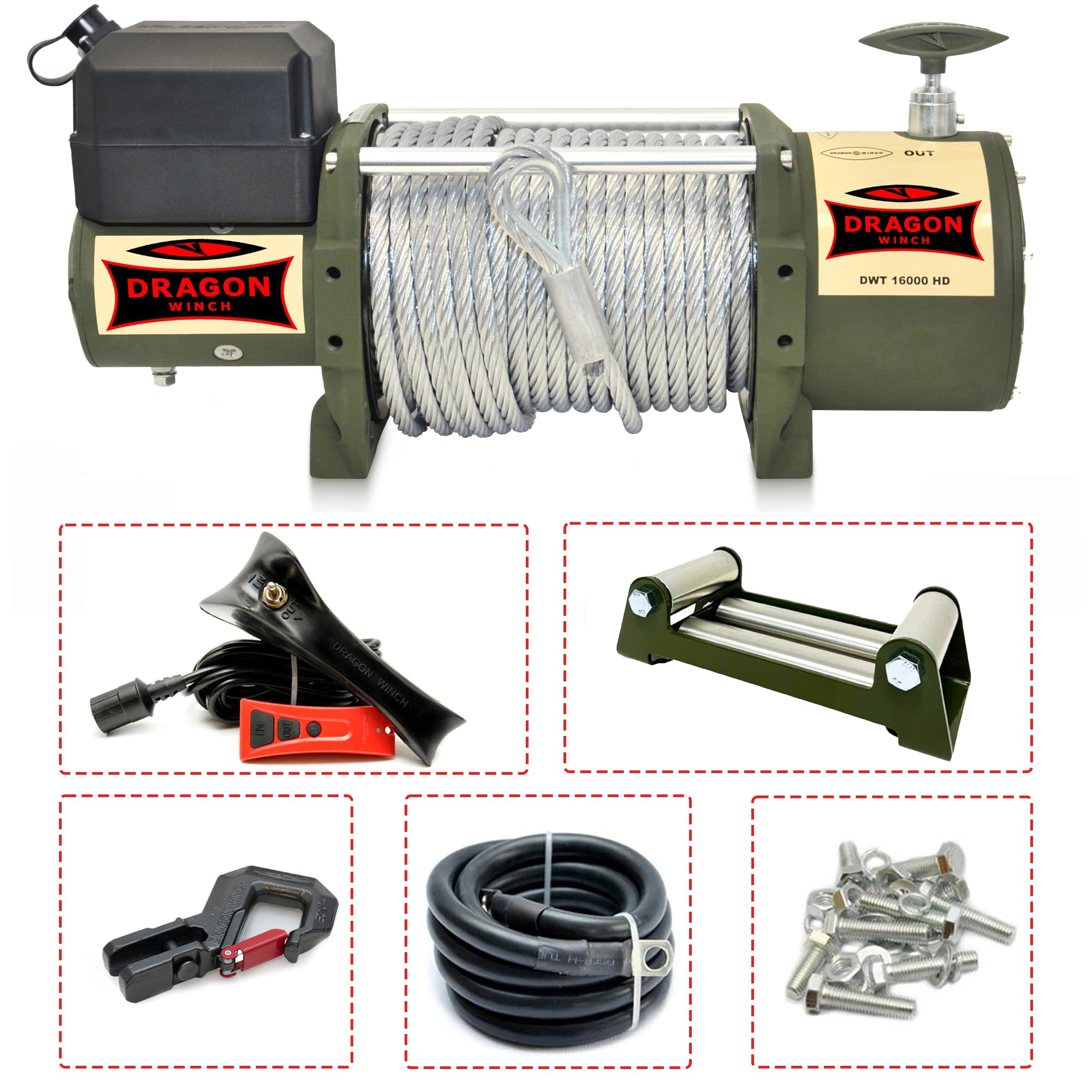 DRAGON WINCH - Verricello Elettrico Truck 12V 16000 lbs (7257 kg) Cavo in Acciaio 31m per Vigili del Fuoco, Veicoli Commerciali e Furgoni | incluso telecomando senza fili + accessori per verricello