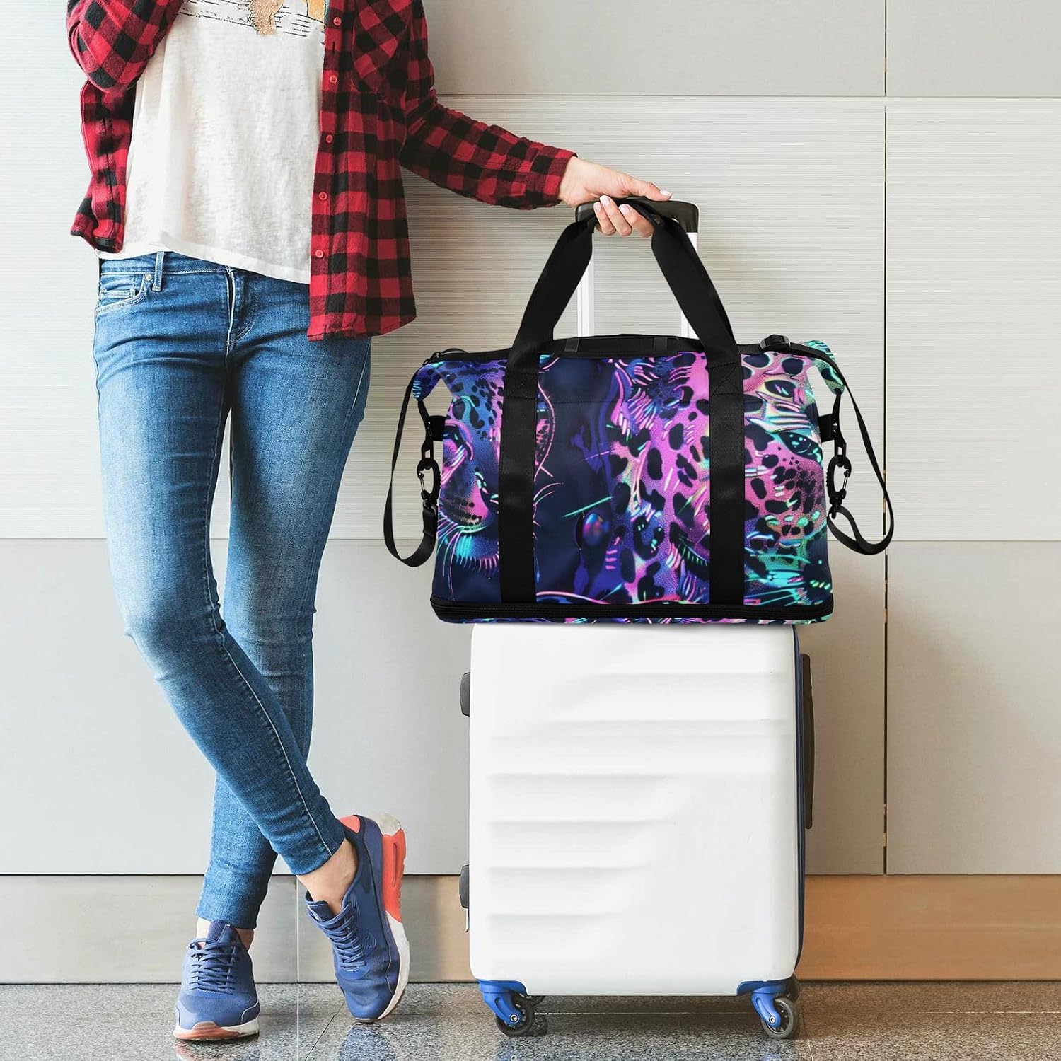 Holographic Leopard Gym Tote Bag Sport Training Bag with Toiletry Bag for Sports Waterproof