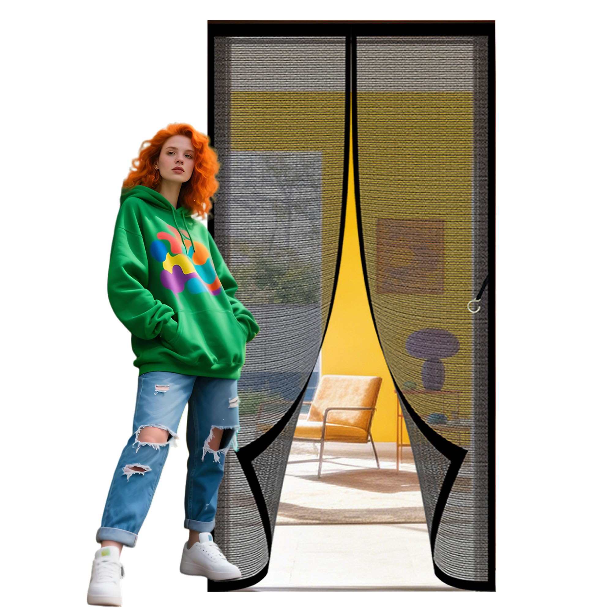 Door Screen 81 x 213 cm Hands Free Closing Screen Mesh Insect Protection Door Keep Fresh Air in Bugs Out Suitable for Balcony, Terrace, Cellar, Bedroom and Sliding Room, Black