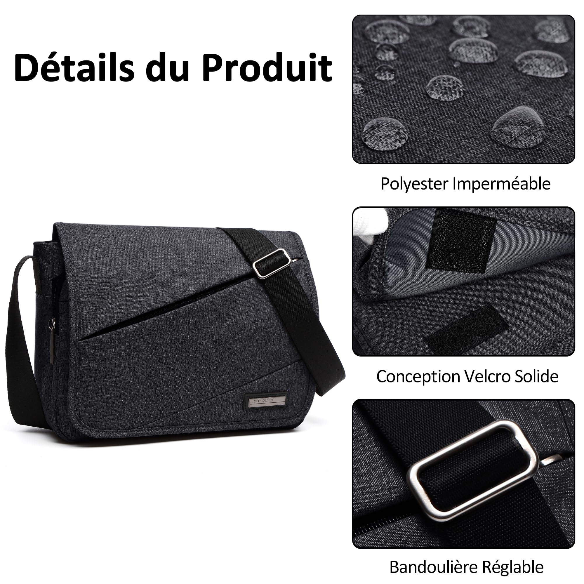 Sac à Bandoulière Homme 13 Pouces Ordinateur Portable Sac Messager Multiples Poches Besace pour Bureau Travail Collège Imperméable Polyester Sacs d'épaule Noir
