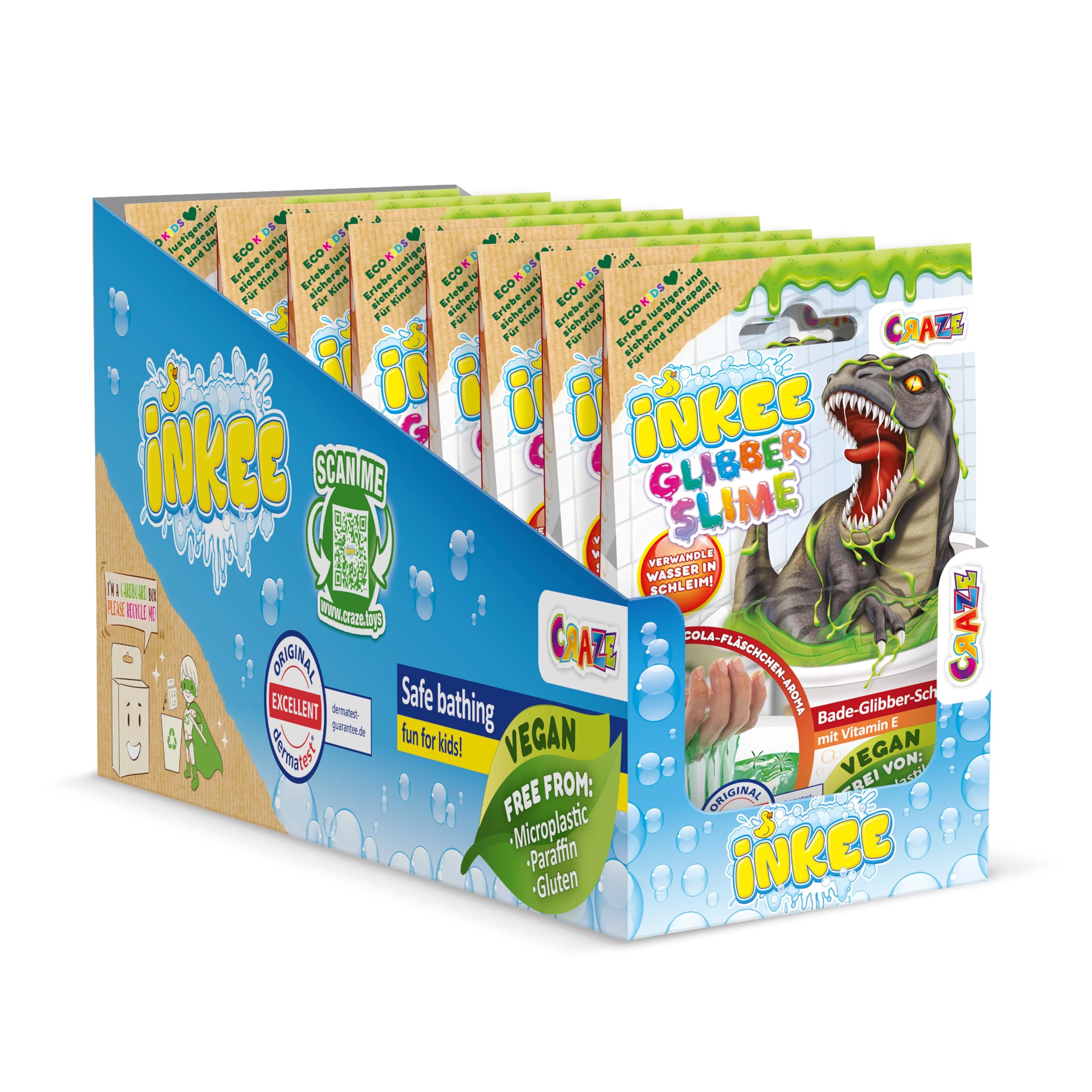 INKEE Bath Slime Dino 8er Set - Bade-Glibber Schleim mit Vitamin E, neon-grünes Badepulver mit Cola Gummies Aroma, komplettes Verkaufsdisplay 8X 100g Schleimpulver
