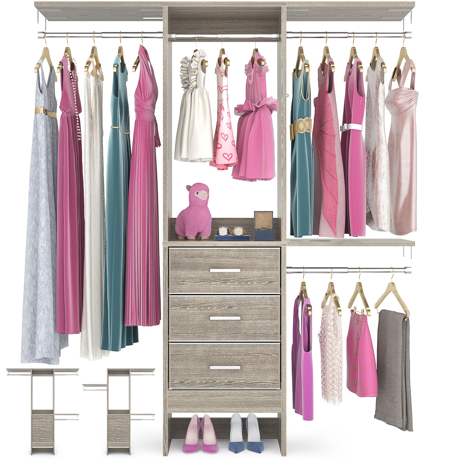 Photo 1 of Besiost 4FT Small Closet System with 3 Fabric Drawers, 48'' Closet Organizer System With 3 Adjustable Shelves, Flexible Built-In Clothes Garment Rack for Small Space, 48"L x 13"W x 71"H, White Oak
