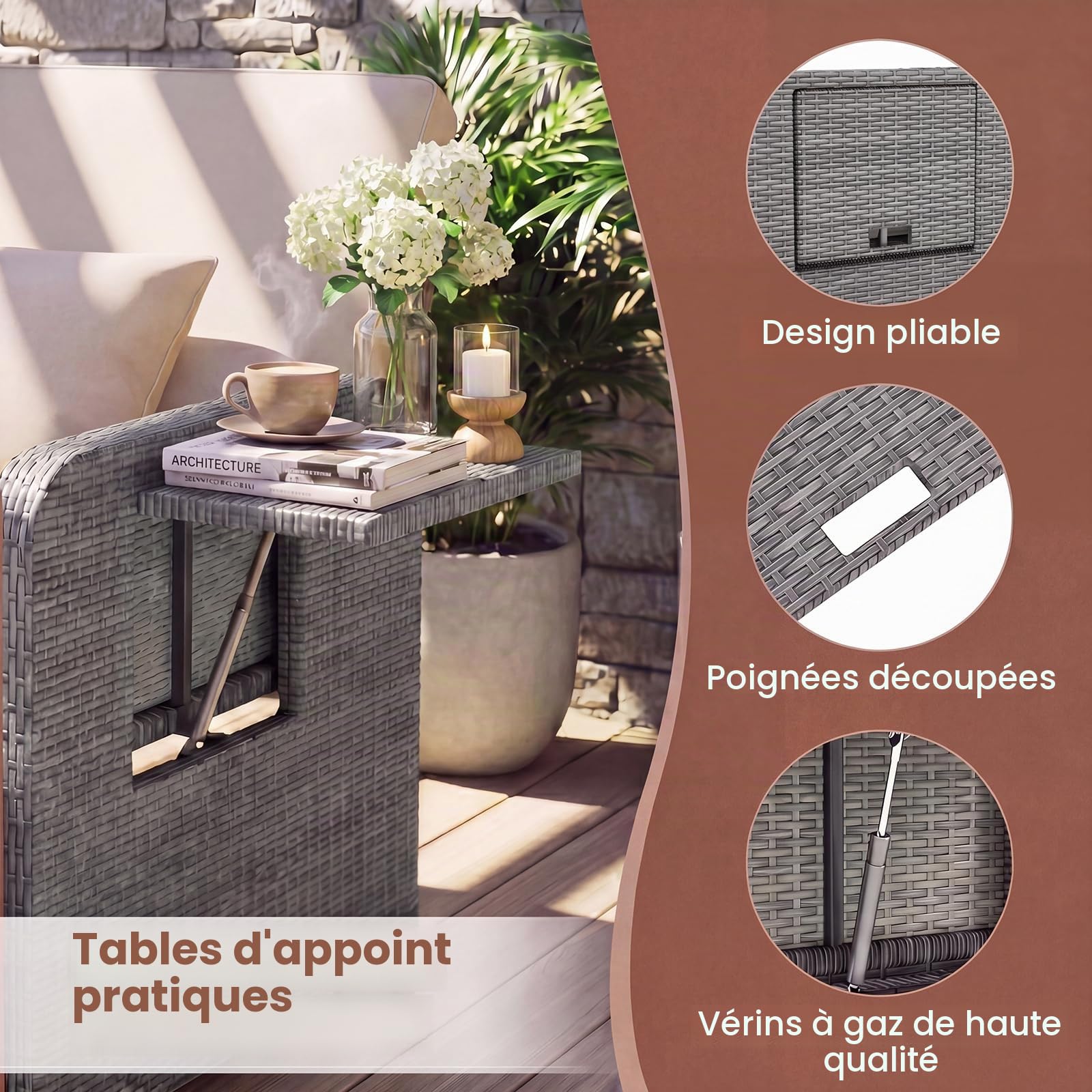 LIFEZEAL Salon de Jardin Extérieur avec Tabouret & Coussin pour 2 Personnes, Dossier Inclinable 4 Positions, Bain de Soleil Rotin PE, Table Appoint, 2 Oreillers, Charge 360 kg (Beige, Style 2)