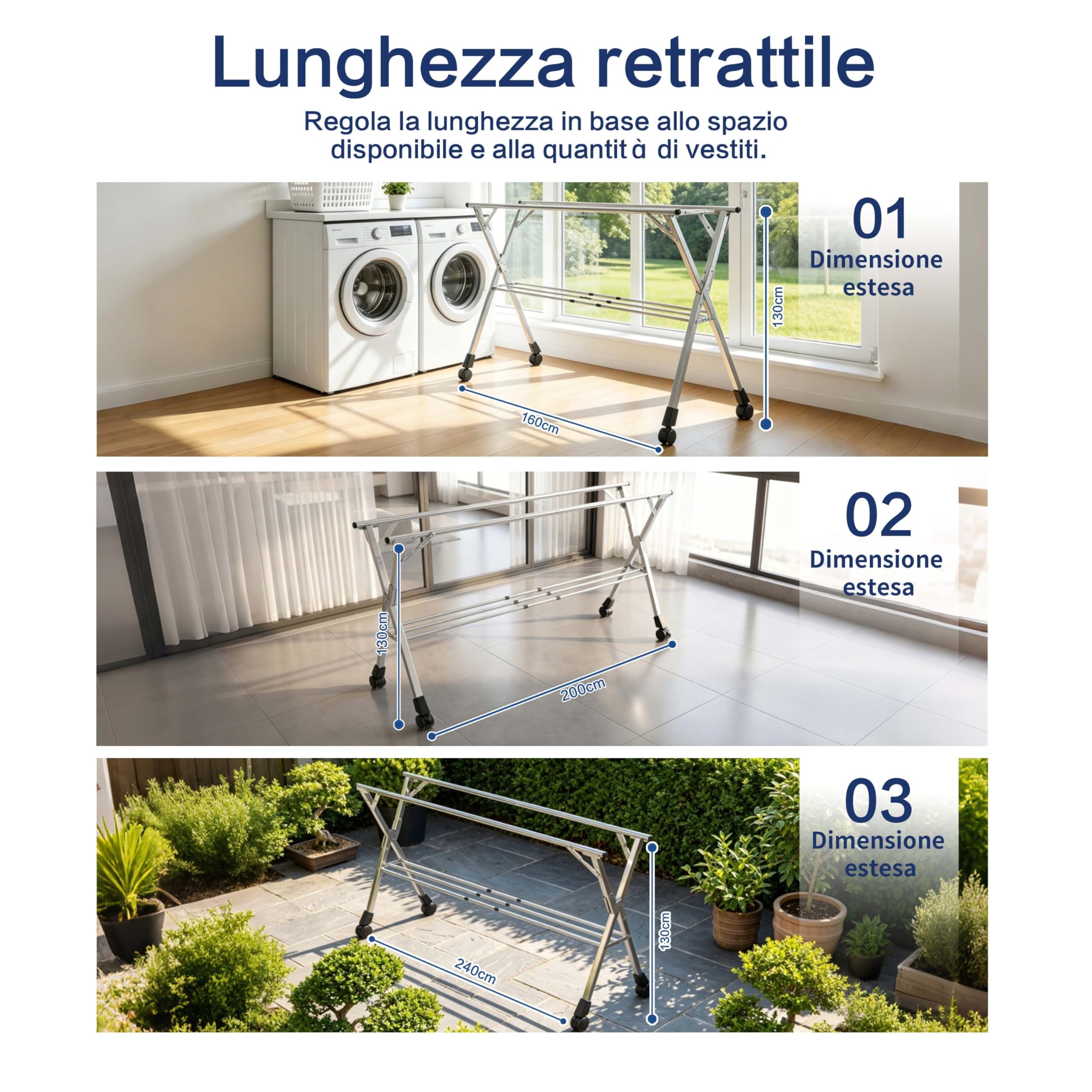 Kiseely Stendibiancheria pieghevole da 240cm per interni ed esterni, stendibiancheria pieghevole, stendibiancheria in acciaio inossidabile resistente, appendiabiti, 20 ganci e 12 clip (200cm)