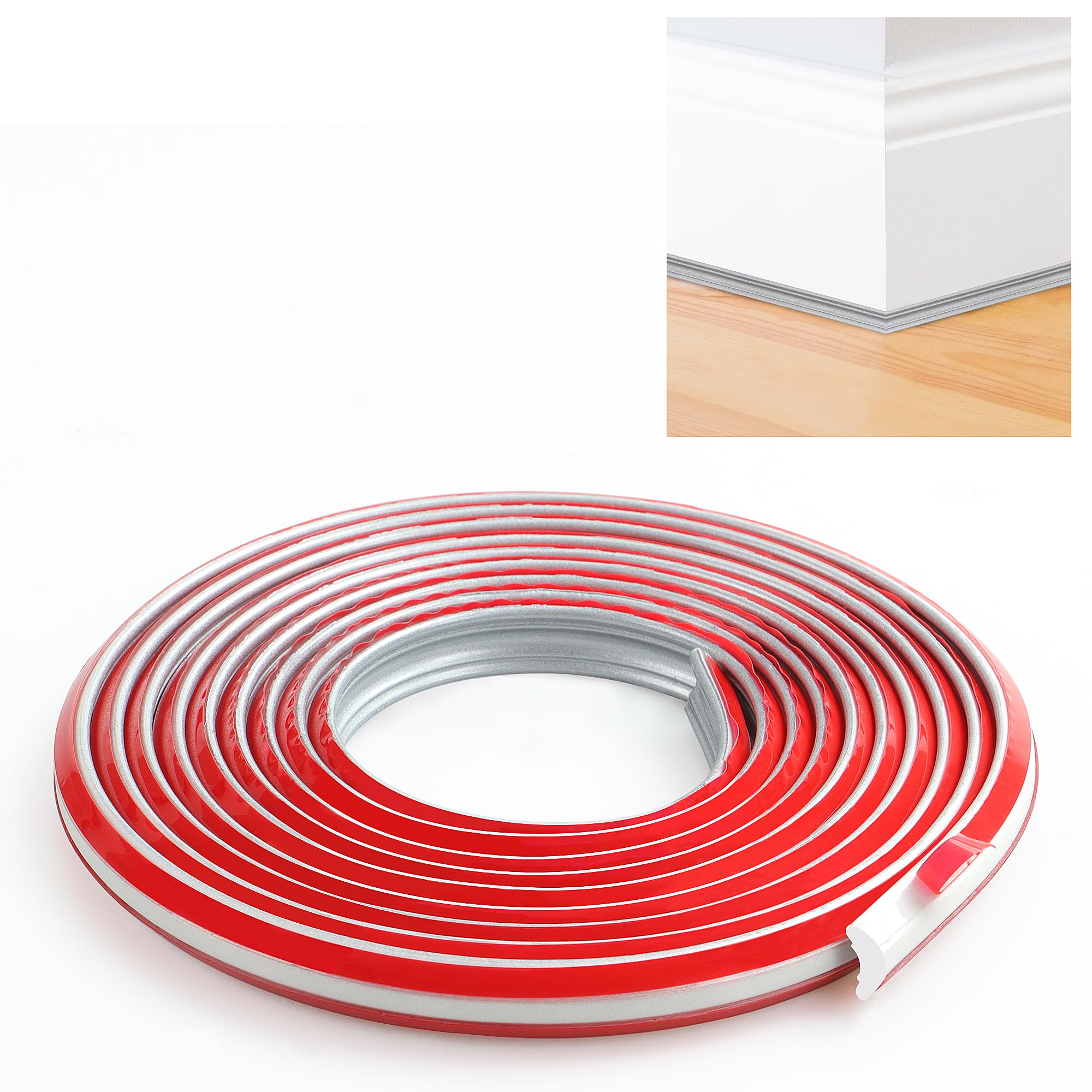 JUNART TPE Skirting Board Trim, Flexible Caulk Strip Moulding Trim, Self-Adhesive Edging Strip Coving for Wall, Ceiling, Corner Decoration, Worktops, Floor(12×9mm,500cm,Silver)