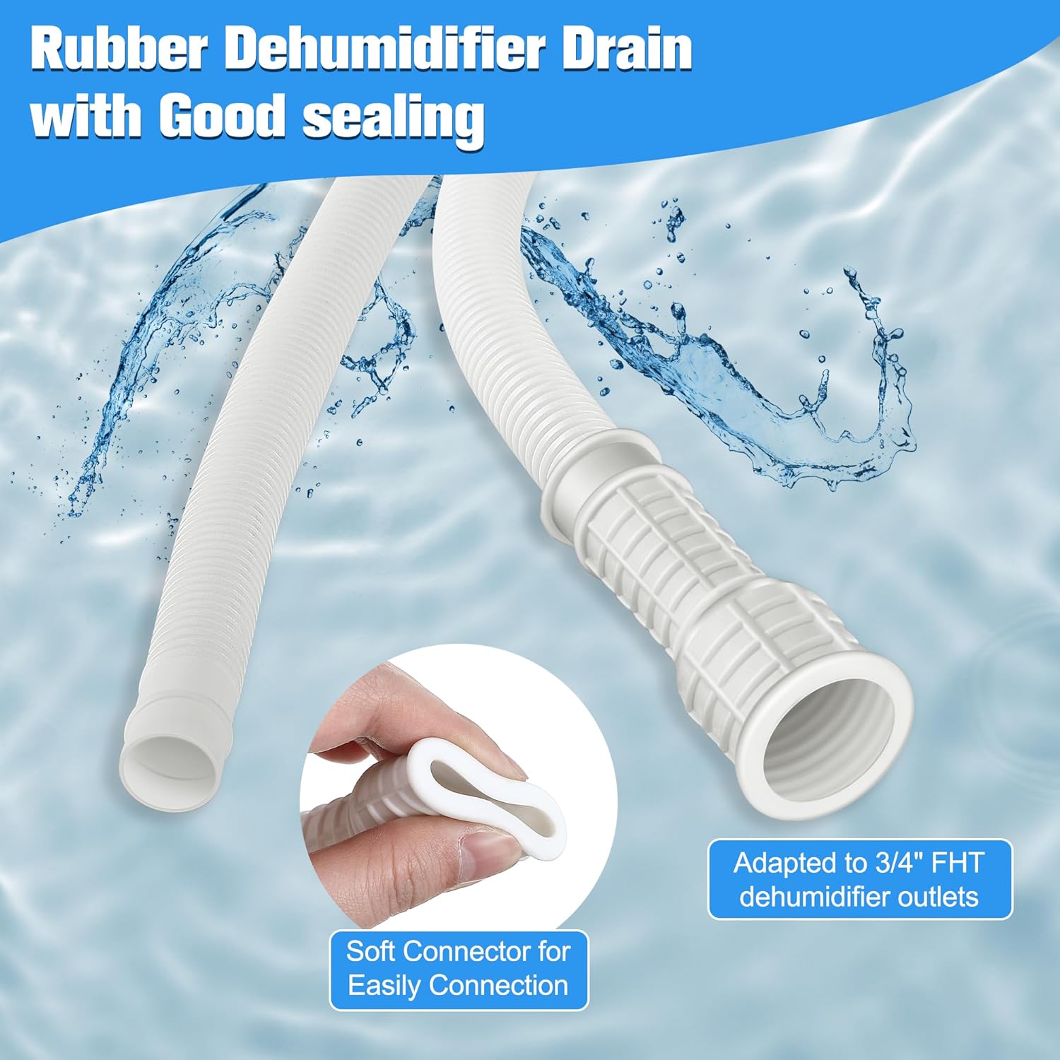 Saillong Patent Pending Dehumidifier Drain Hose, 13FT, 3/4 Inch FHT, with Cuttable Rubber Adapter and Connect Clamp, Flexible Universal Drain Hose for Most Dehumidifier Air Conditioner Brands(White)