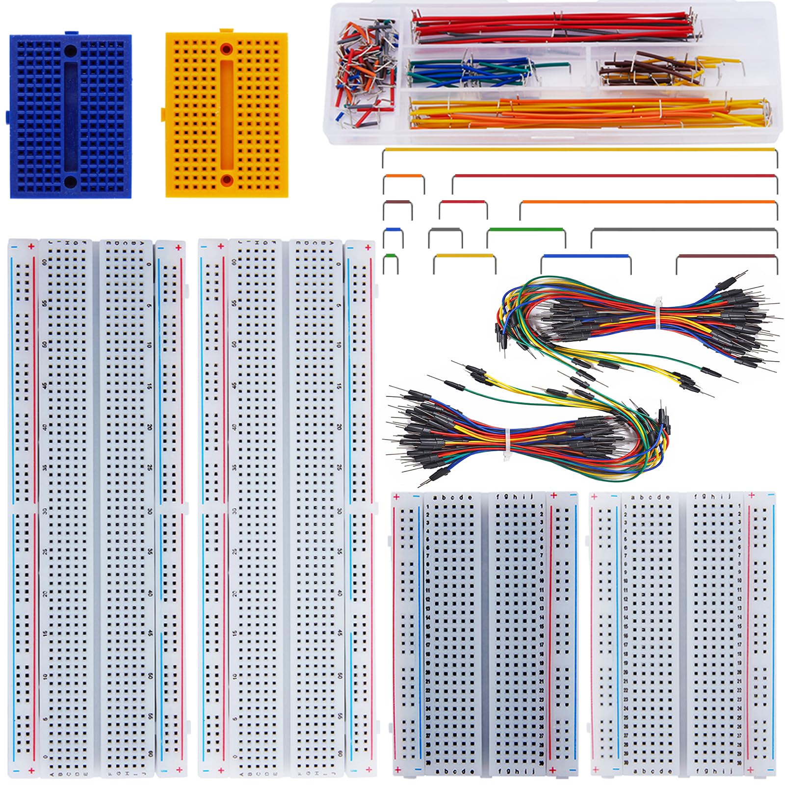 Zestaw płytek prototynowych z 2 x 830 punktami wiązania i 2 x 400 punktami wiązania, 2 x 170 punktów wiązania, mini oznaczone kolorami, 140 szt. zworki w kształcie litery U, 2 x 65 szt. elastycznych