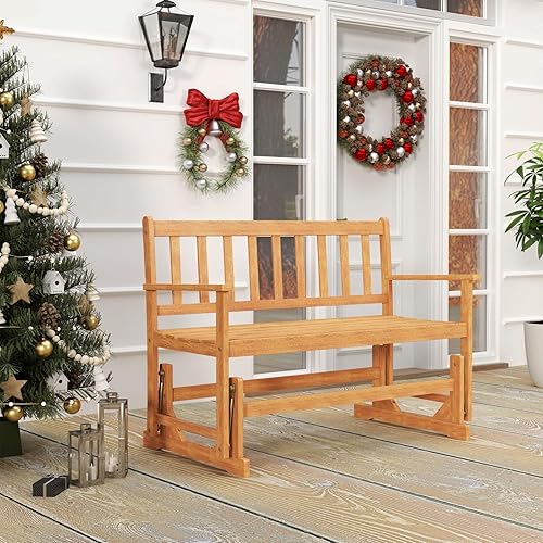 Miniatura 4 de Tangkula Banco planeador de madera de acacia para 2 personas, resistente 800 libras, sofá biplaza mecedora para patio con asiento y respaldo de