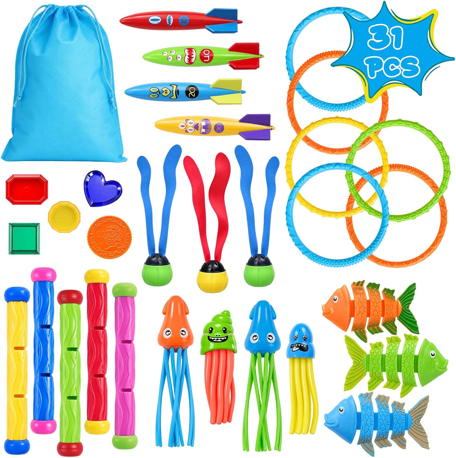 31Pcs Swim Dive Toys Pool Games Outdoor Water Essential Bath Accessories for Kid Toy Age 3 4 5 6 7 8 9 10 11 12 Year Old Cool Girl Boy Stuff Fun Summer Gift