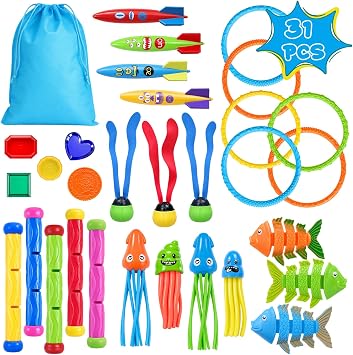 31Pcs Swim Dive Toys Pool Games Outdoor Water Essential Bath Accessories for Kid Toy Age 3 4 5 6 7 8 9 10 11 12 Year Old Cool Girl Boy Stuff Fun Summer Gift