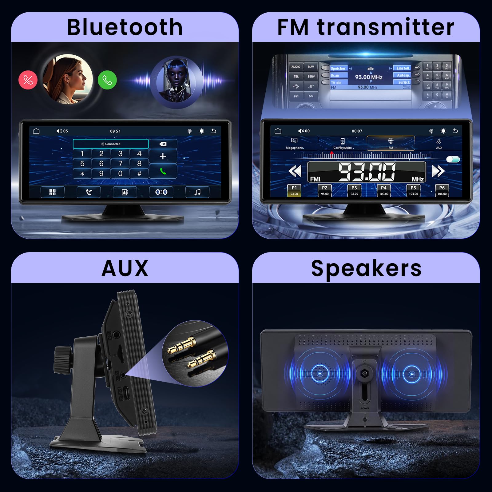 Hodozzy Bezprzewodowy ekran samochodowy Carplay z systemem Android, 10,26 cala, przenośne radio samochodowe Bluetooth z ekranem dotykowym IPS, EQ/Airplay, sterowanie głosem, nadajnik AUX/TF/FM +