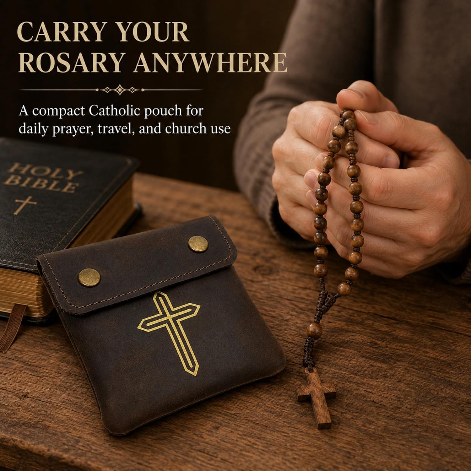 Genuine Leather Rosary Pouch – Compact Prayer Beads Case with Double Snap Closure 3.5" x 3.5" – Small Leather Holder for Religious Items & Keepsakes (Rosary not included), Brown