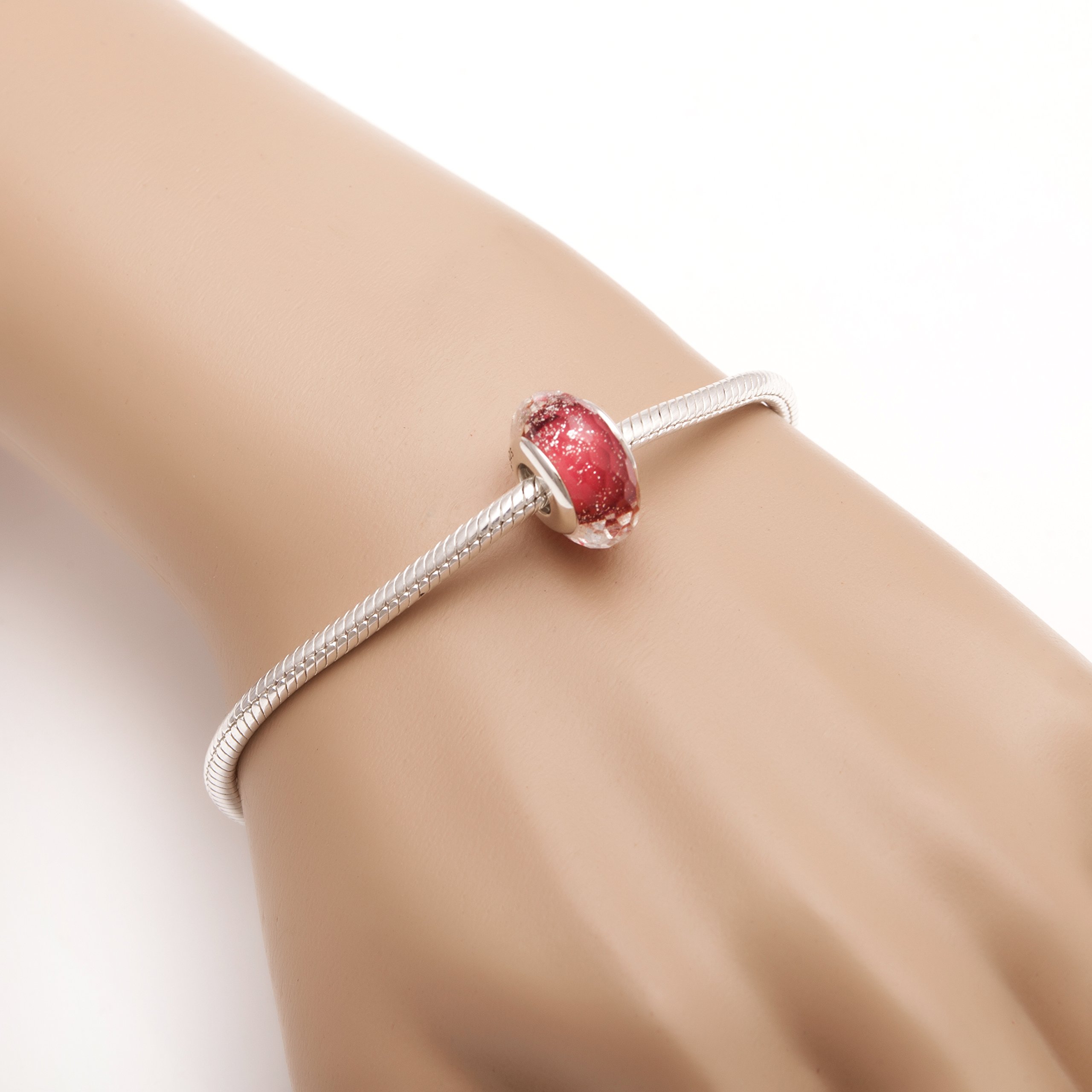 Hoobeads Abalorio de cristal de Murano transparente con núcleo de plata 925 facetado fascinante para pulsera europea (rosa rosa)