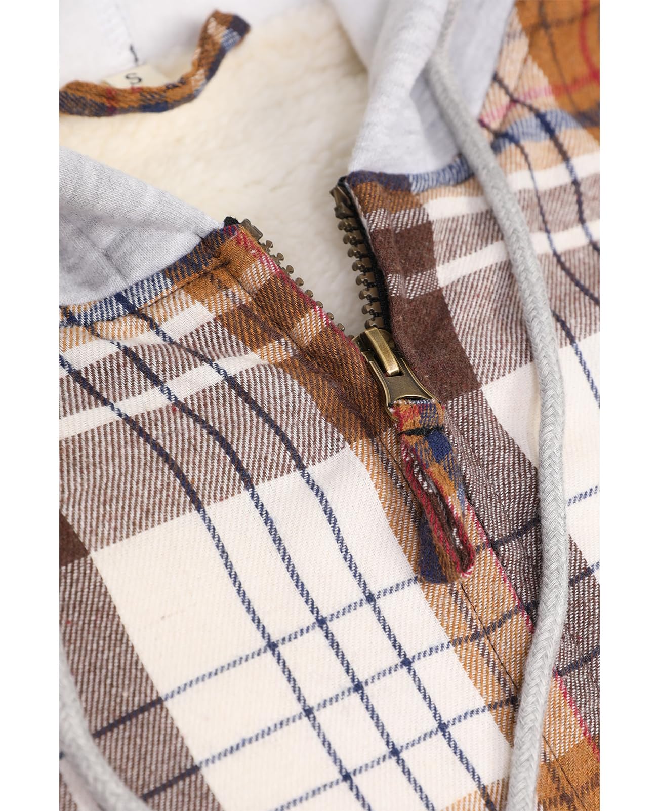 ZENTHACE Flanell-Hemdjacke mit Kapuze für Damen, Sherpa-Futter, durchgehender Reißverschluss, für Herbst und Winter, kariert