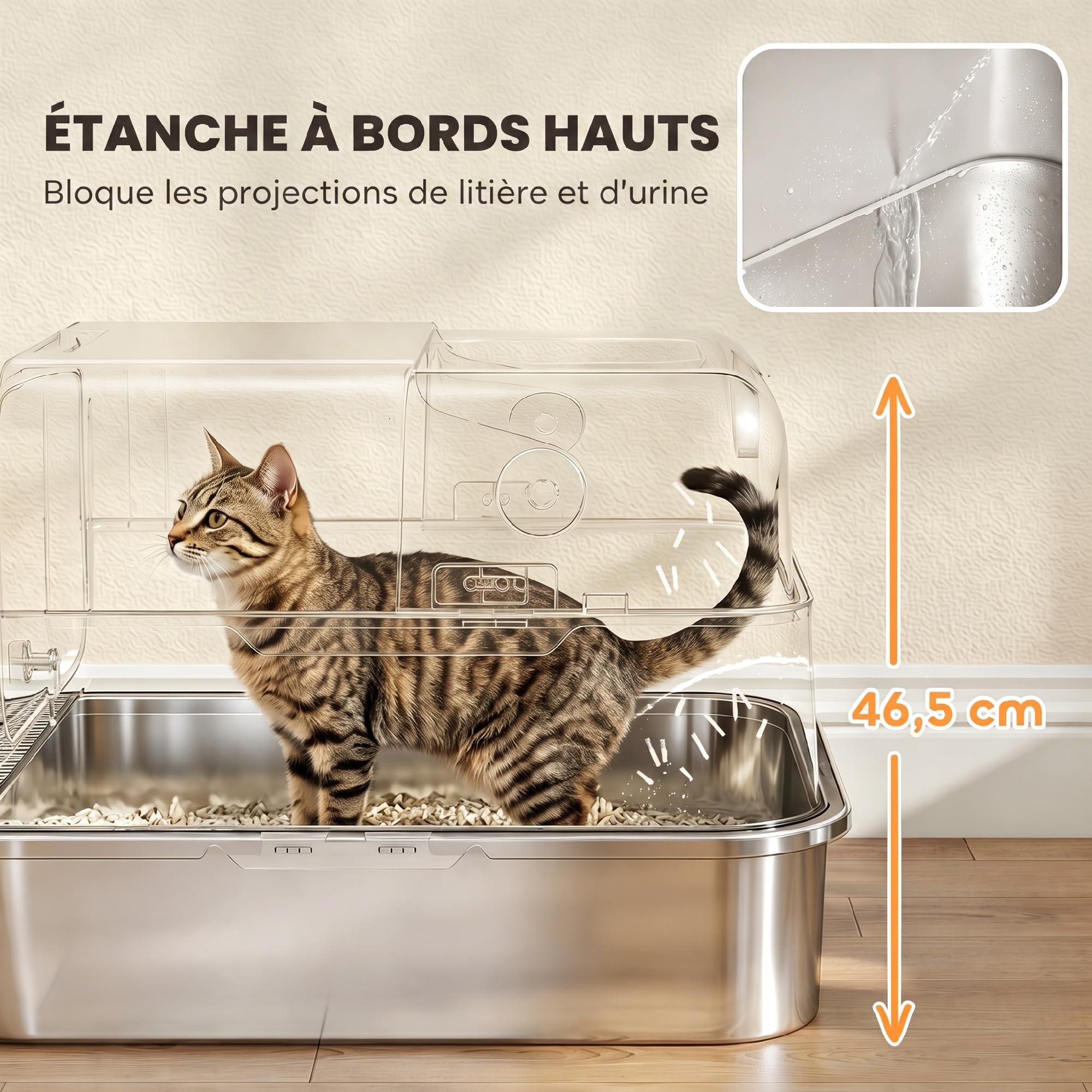 PawHut Maison de Toilette pour Chat XXL en Acier Inoxydable - Bac à Litière Fermé pour Grand Chat, Couvercle 90°, Double Porte, Filtre Frontal, Pelle - Facile à Nettoyer, 70x50x46,5cm, Gris
