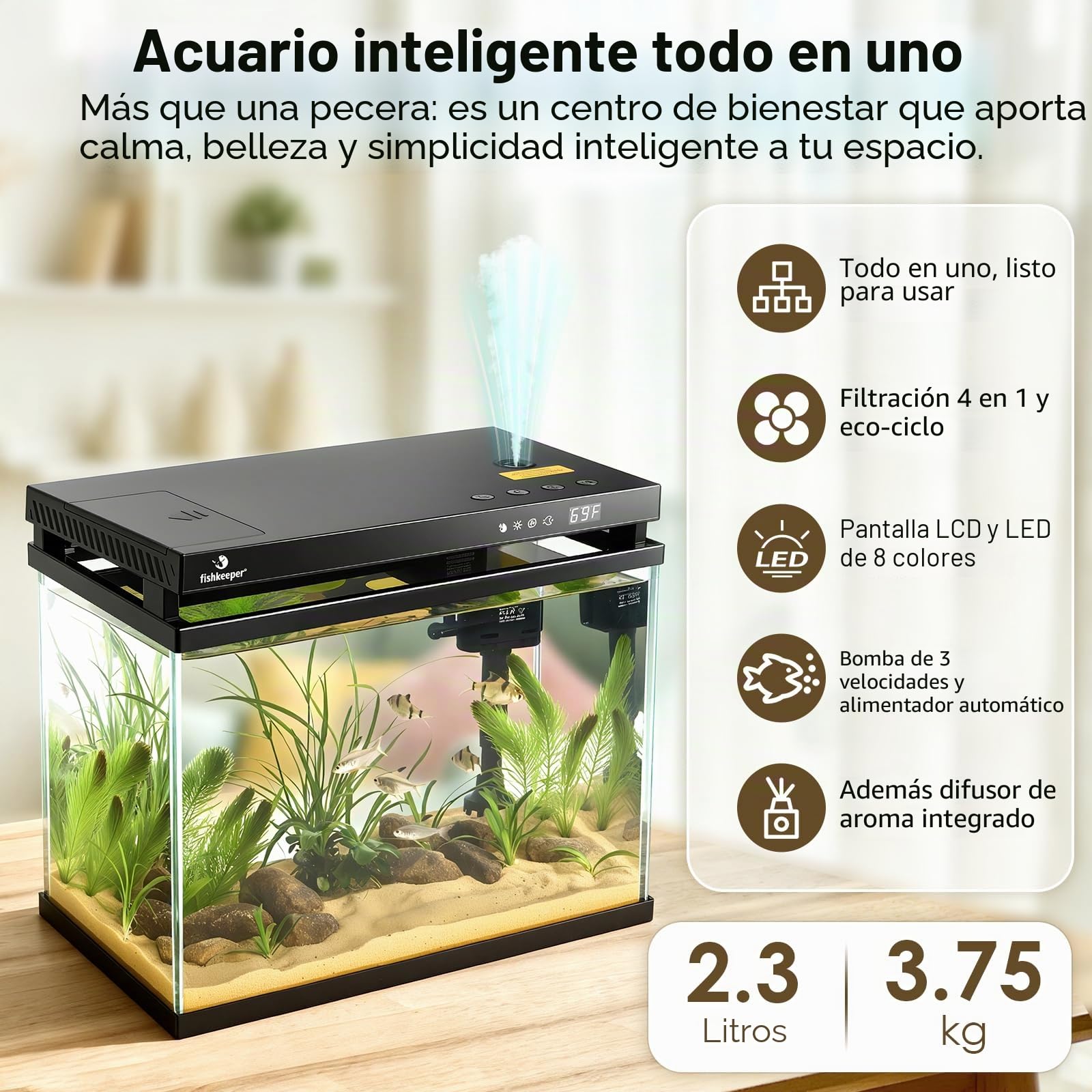 fishkeeper Acuario inteligente de 2.3 G, kit de pecera de vidrio HD con alimentador automático, bomba de filtro silencioso autolimpiable, aromaterapia, visualización de temperatura y luces RGB de 7