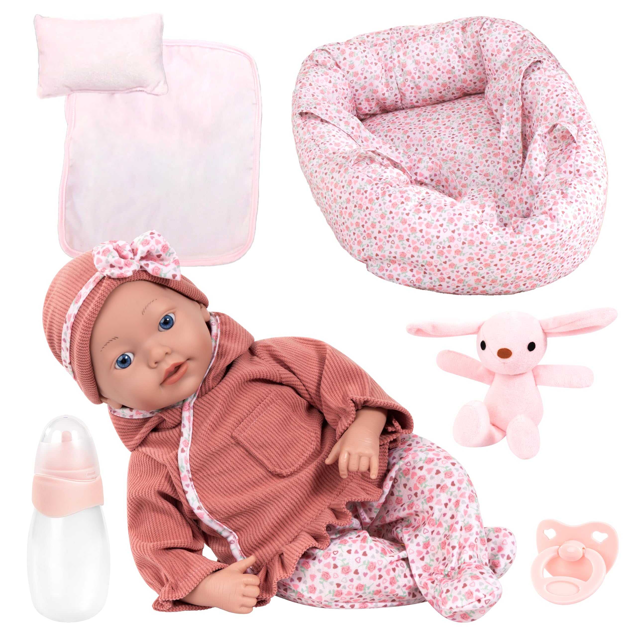 Bayer Design Lalka bobas Reborn, 38 cm, z torbą do przenoszenia | realistyczna, smoczek, butelka, nosidełko dla niemowląt, poduszką, kocykiem, pluszowymi - Zabawki dla dziewczynek i chłopców