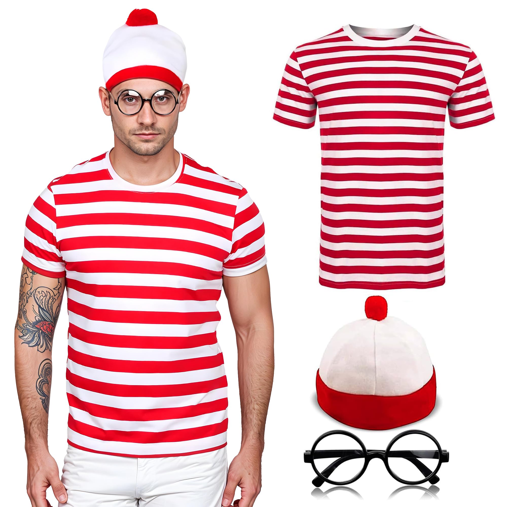 Mens Red and White Striped T-Shirt, Beanie Hat, Black Nerd Glasses Set, Adult Fancy Dress Cosplay Accessories Set For World Book Day, School Dress up Accessories, (XXL)