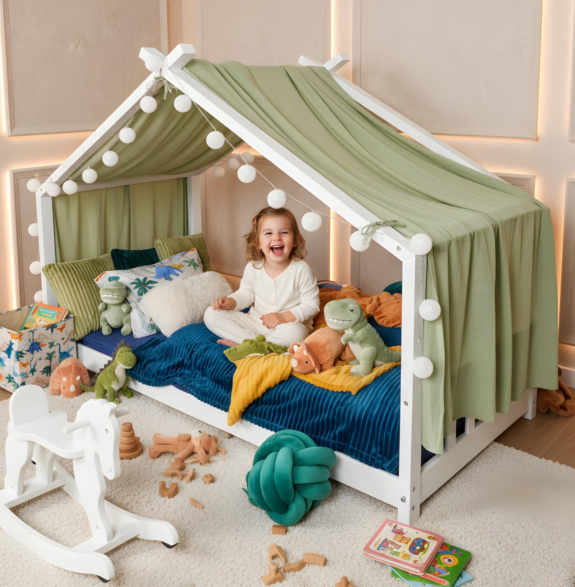 ALAVYA HOME® Voile de lit en Forme de Maison Moon 110x360 cm en Mousseline de Coton 100% – Décoration Chambre d’Enfant, Ciel de lit, Rideau de lit, décoration pour Filles & garçons – Kaki