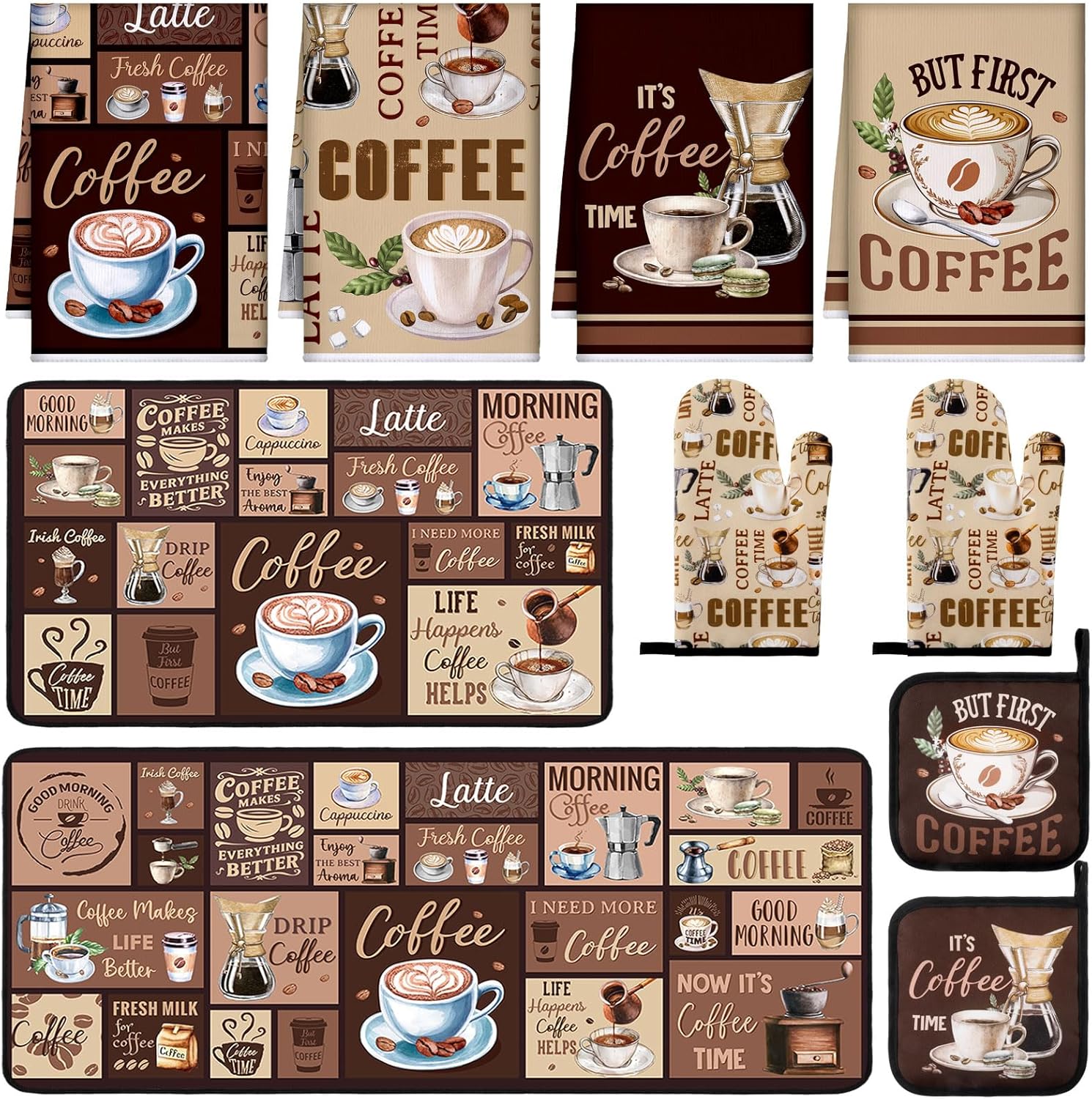 10 Pcs Coffee Kitchen Dish Towels Rugs Oven Mitts and Pot Holders Set Farmhouse Kitchen Decor Set Coffee Gloves Vintage Potholders for Chef Baking Cooking Grilling BBQ Women Mom Daughter Gift Brown Coffee