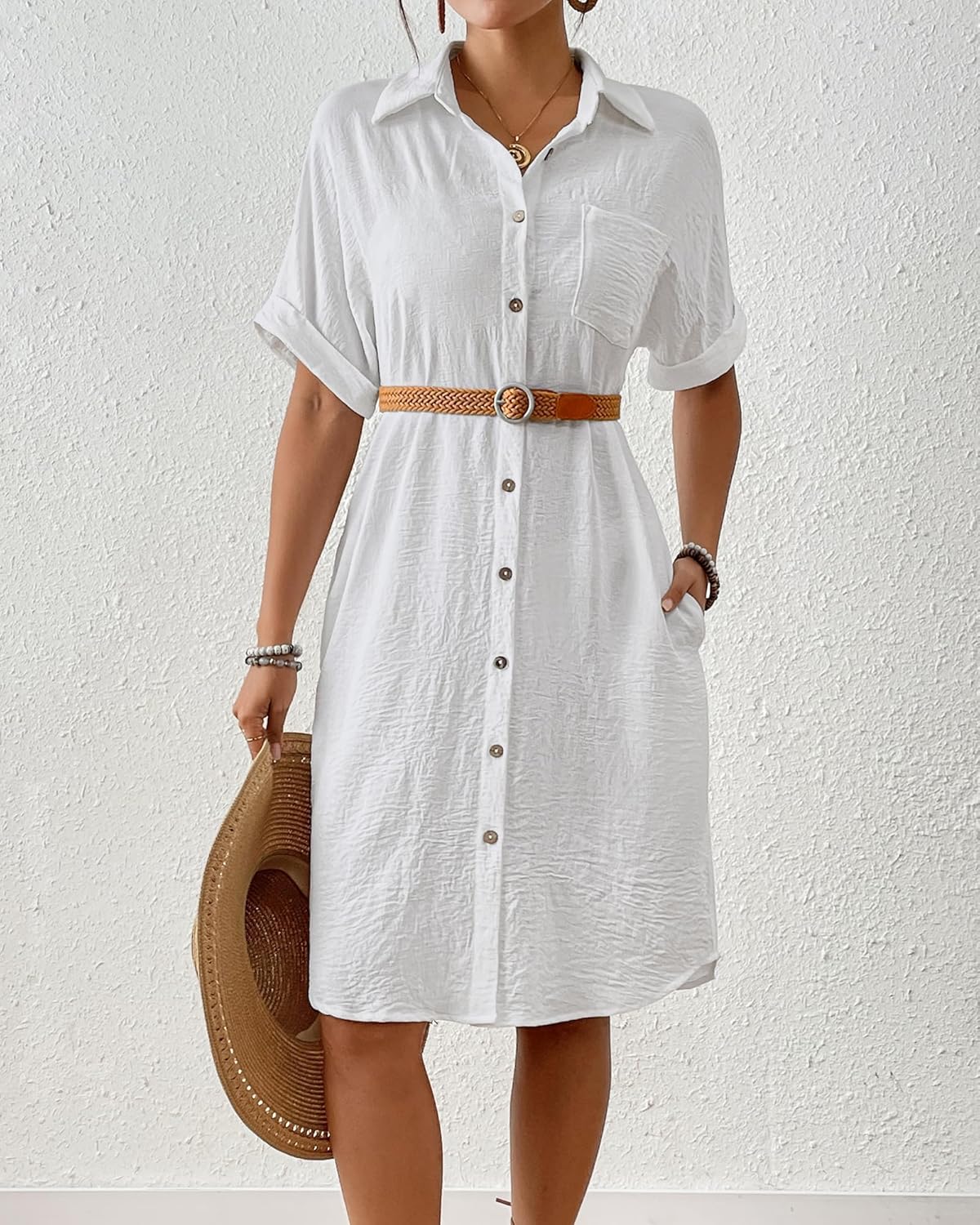 Bsubseach Womens Swimsuit Coverup Long Button Down Bathing Suit Cover Ups Short Sleeve Summer Beach Shirt Dress with Pockets - Image 3