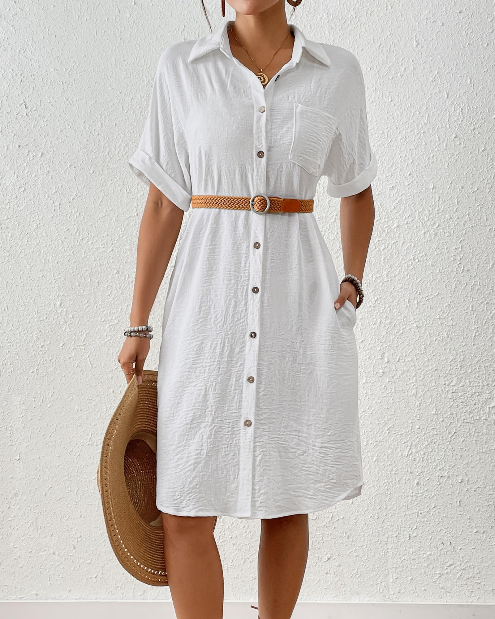 Bsubseach Vestido camisero de playa hasta la rodilla para mujer, con bolsillos, Blanco, Large