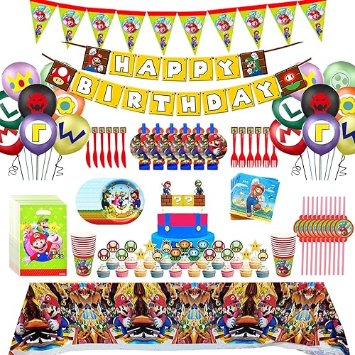 Suministros de fiesta de Super Mario para cumpleaños de niños, suministros de fiesta de cumpleaños de Mario Bros, decoración para niños y niñas,