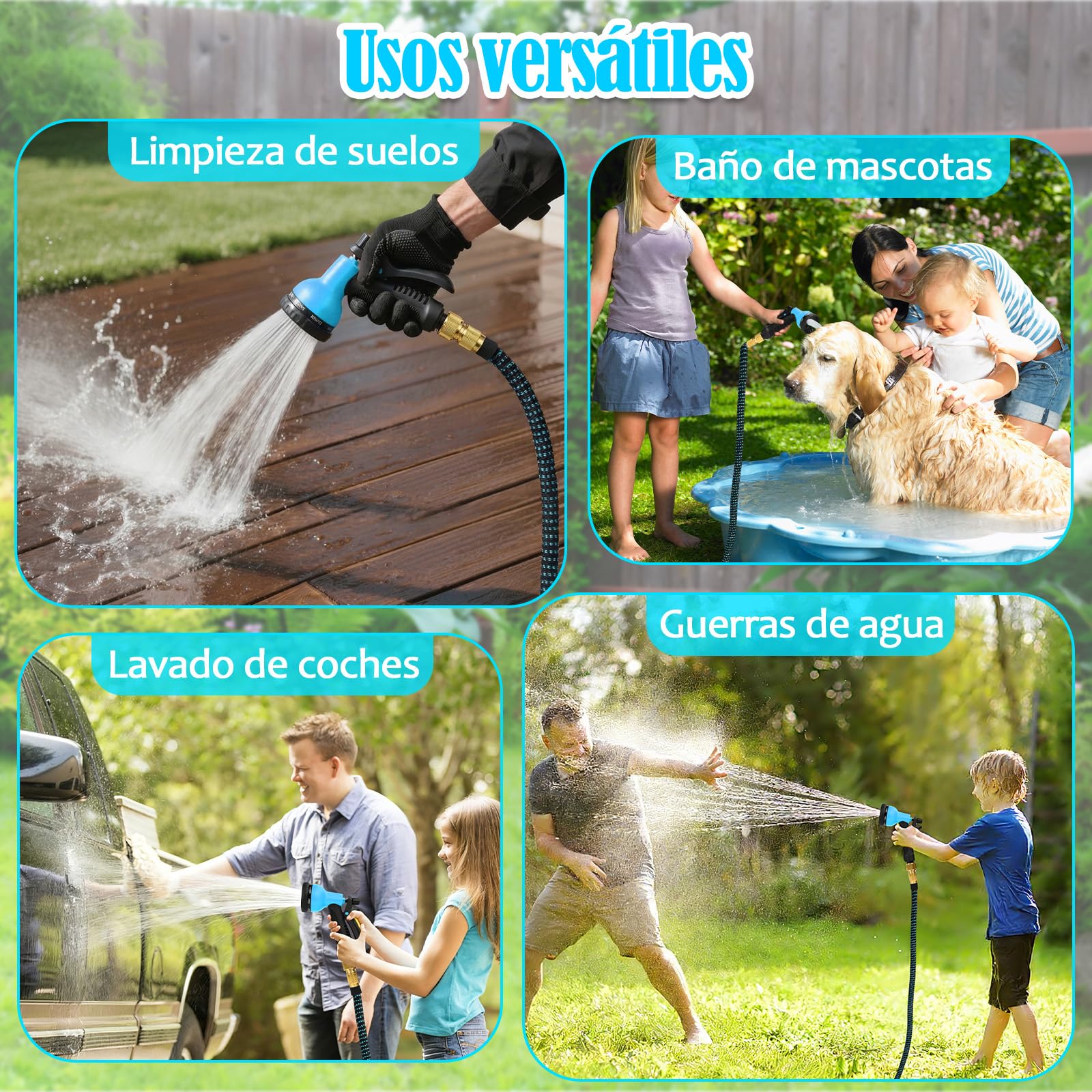 Manguera Extensible 30M/100FT, Manguera de Jardín Extensible Pistola de Riego con 8 Funciones Pistola Hose Con 3/4" y 1/2" Accesorios de aleación de zinc. el Riego de Plantas Hortícolas (Azul)